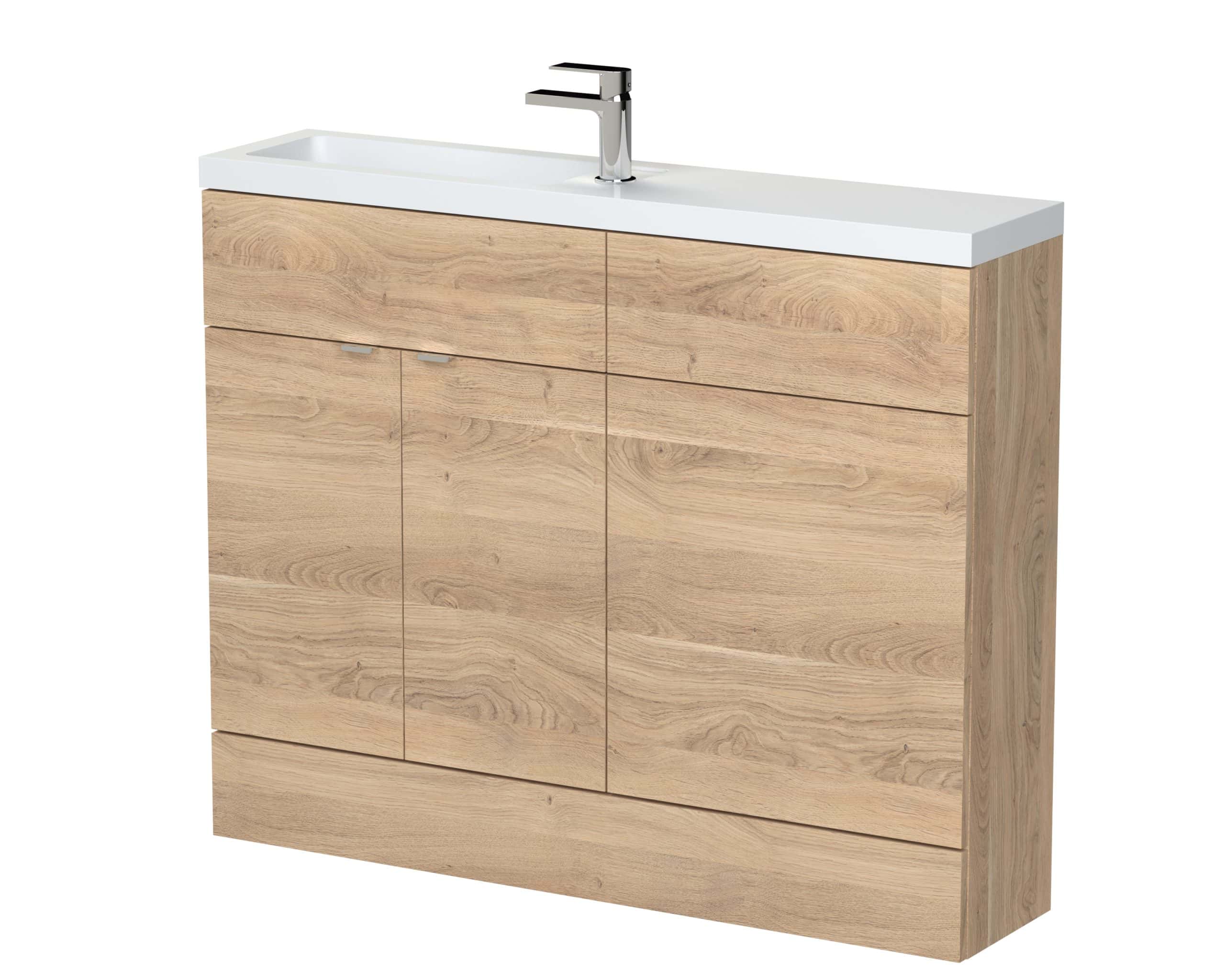 Modern wooden bathroom vanity with integrated sink and chrome faucet, ideal for contemporary bathroom designs, combining style and functionality.
