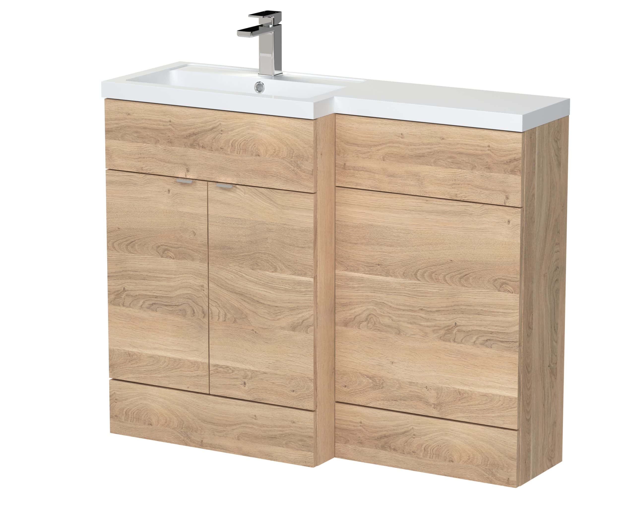 Modern bathroom vanity unit with integrated sink and chrome faucet, made from light oak wood finish. Perfect for contemporary Bubly bathrooms with elegant storage solutions.