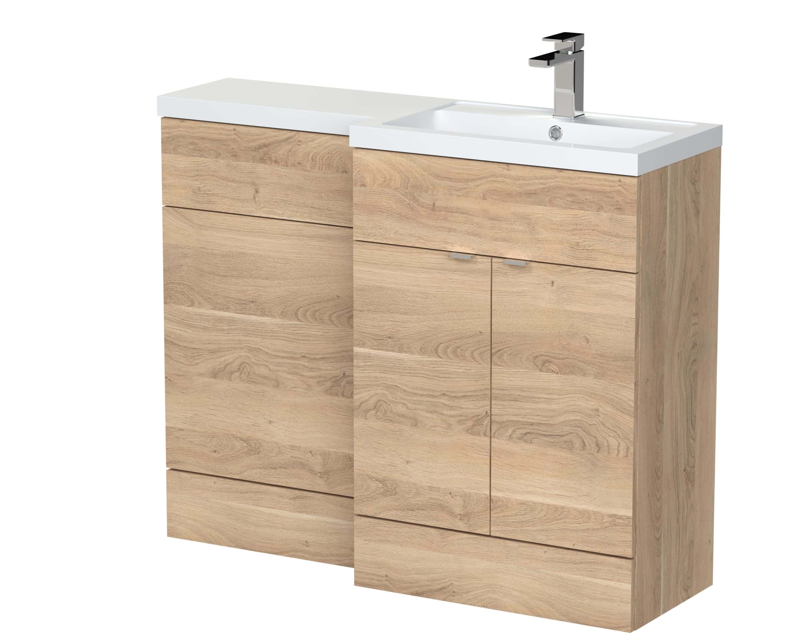 Soft-close bathroom vanity unit with integrated sink in light oak finish, modern design, perfect for contemporary bathrooms and space-saving storage solutions.