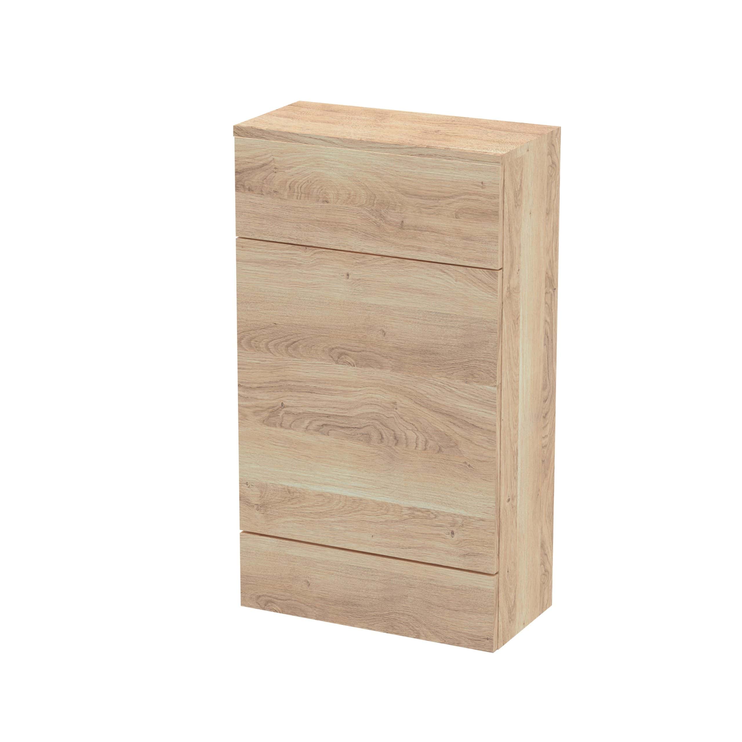 Natural oak bathroom storage cabinet with a minimalist design, ideal for organising toiletries in modern bathrooms. Durable wood finish with clean lines for a sleek aesthetic.