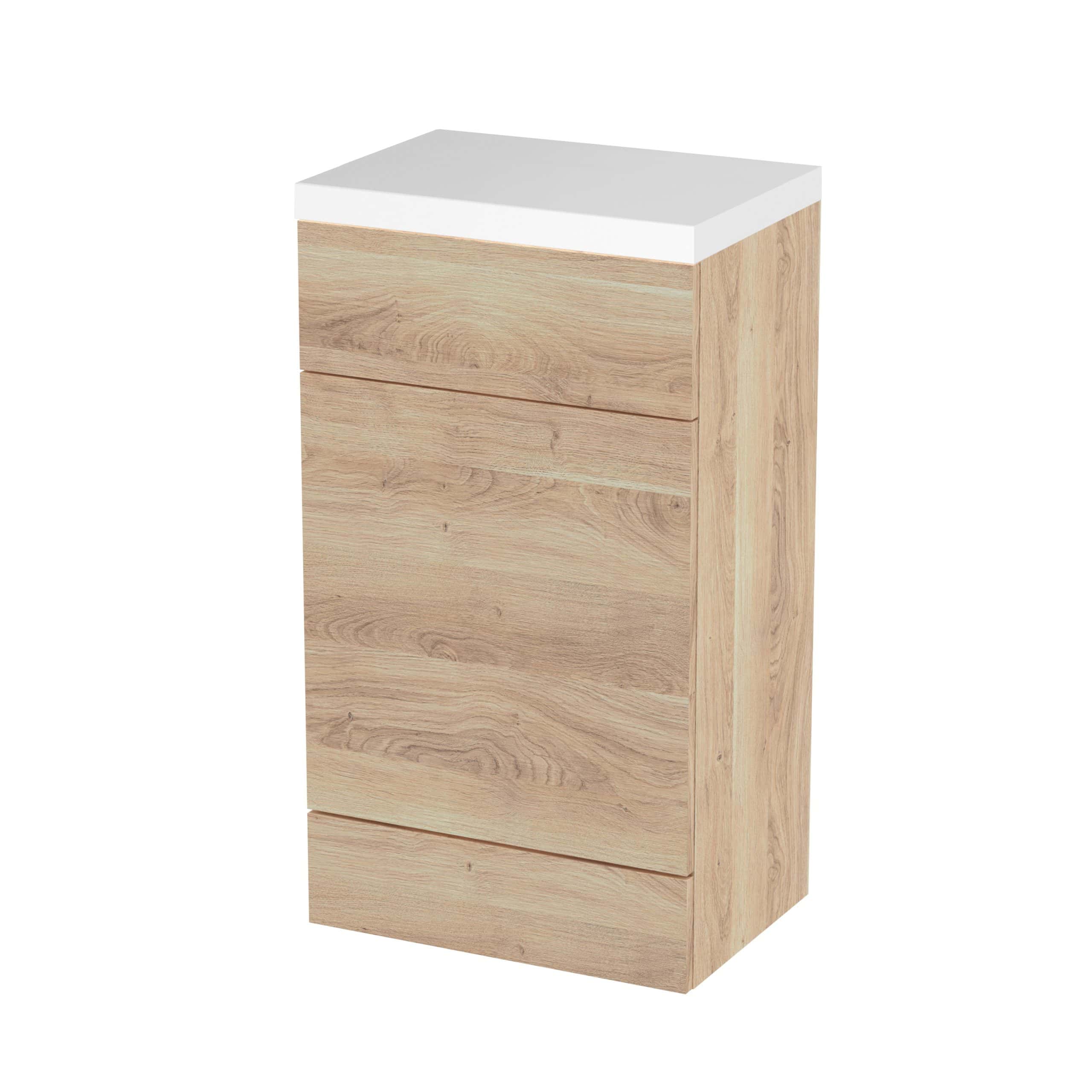 Natural oak bathroom cabinet with white top, modern storage solution for contemporary bathrooms.