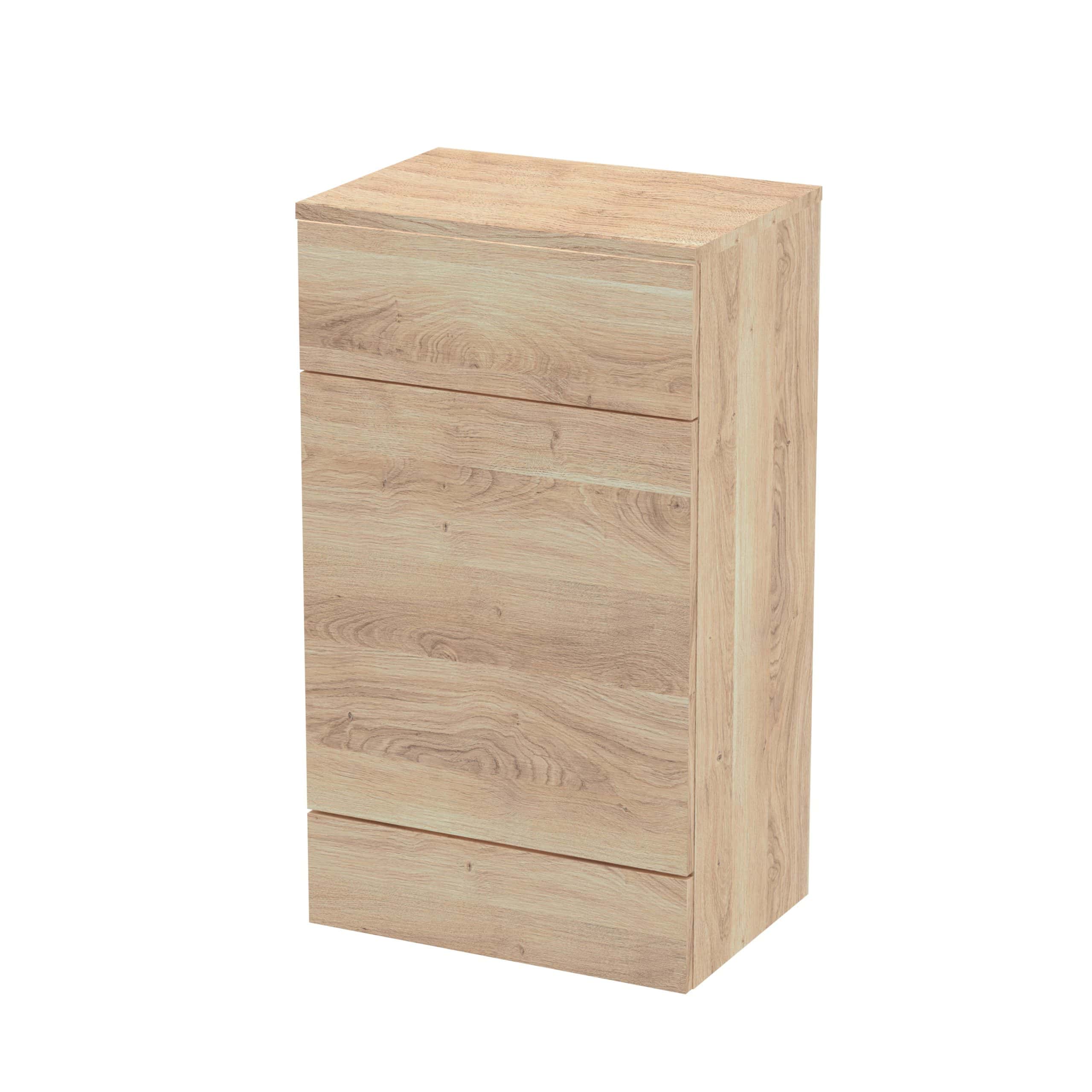 Wooden bathroom storage cabinet with three drawers, crafted from natural light oak, ideal for bathroom organisation and storage.