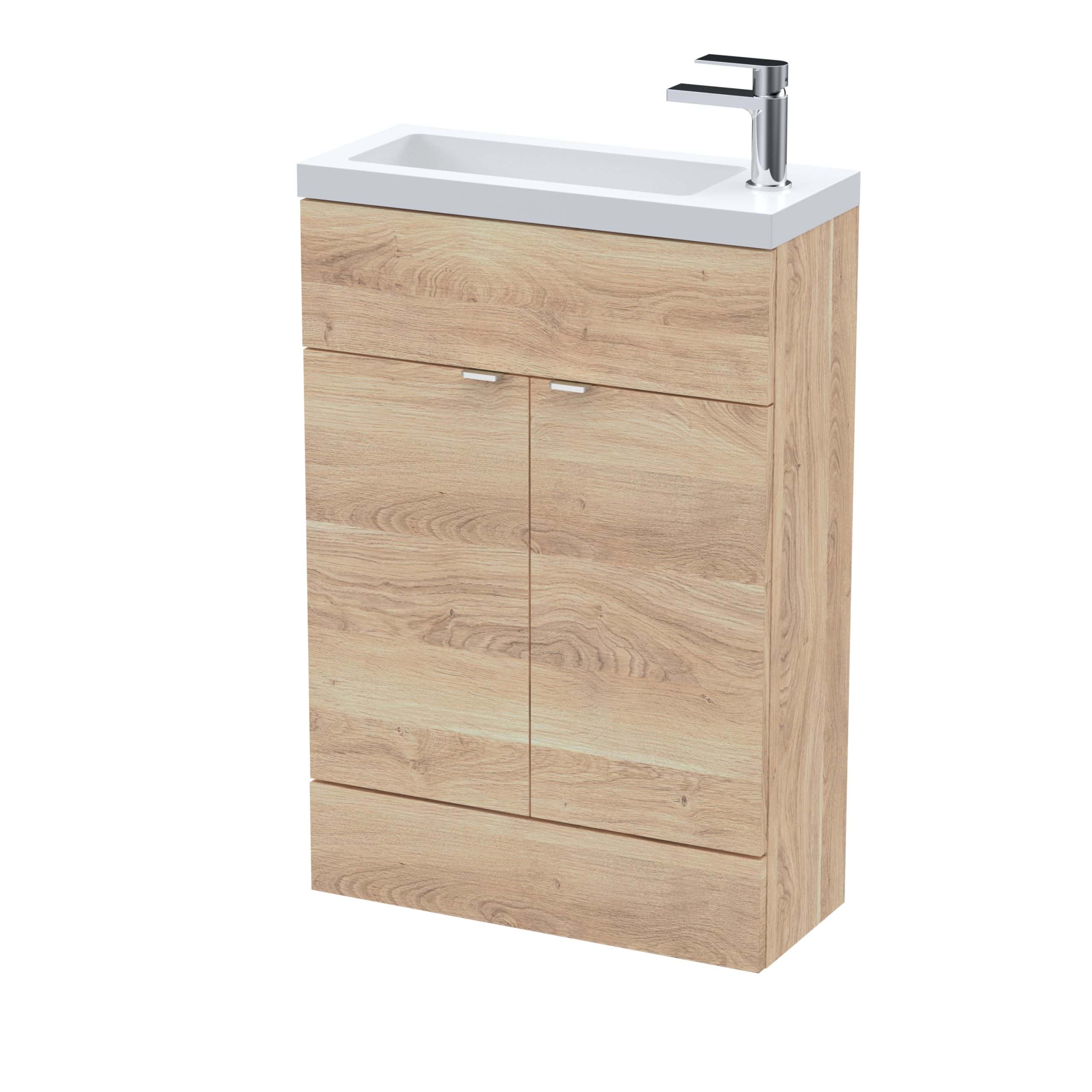 Brighten your bathroom with this modern wooden bathroom vanity unit featuring a compact design, sleek white top, and chrome tap, perfect for contemporary bathroom decor.