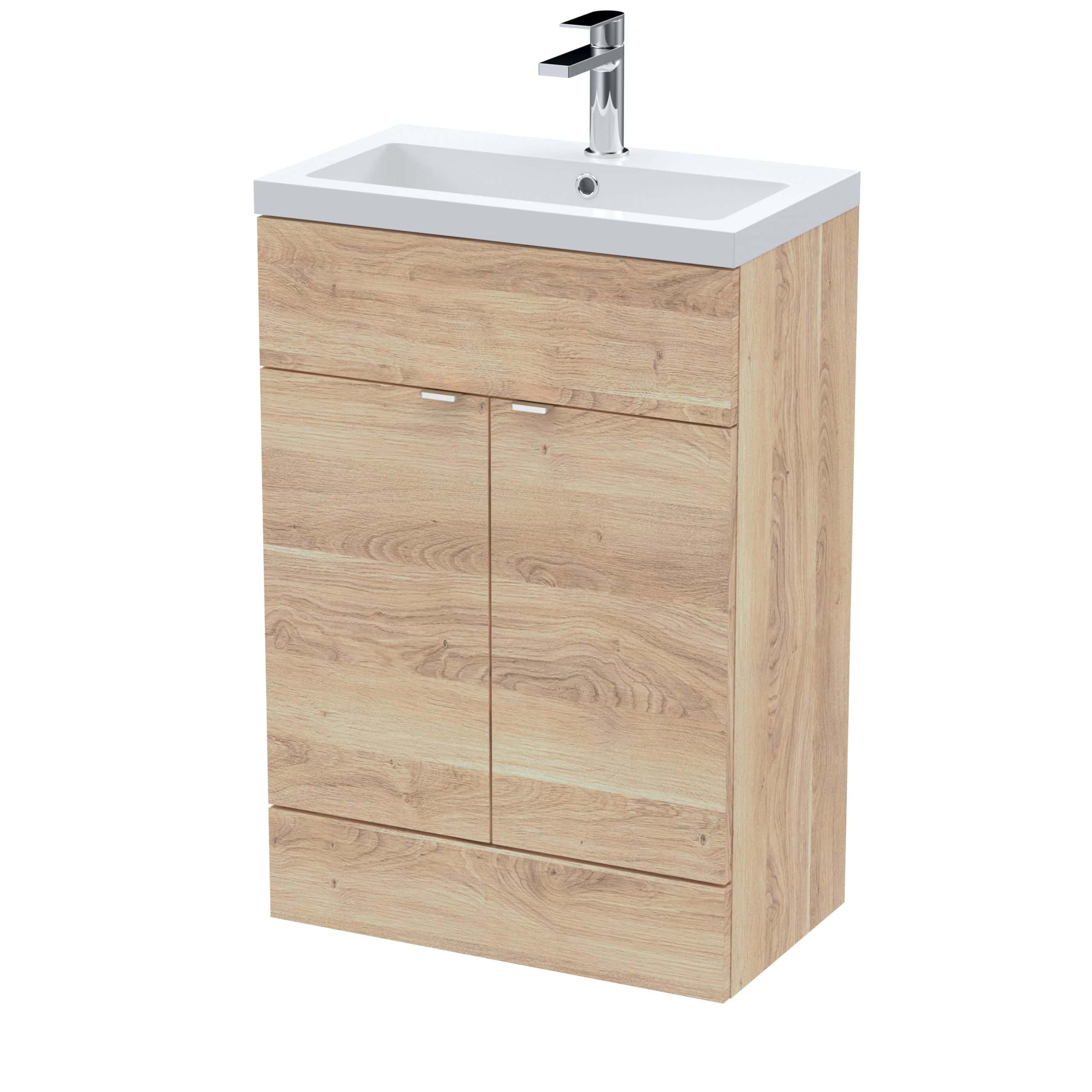 Sleek wooden bathroom cabinet with integrated sink and modern chrome tap, ideal for contemporary bathrooms and wash areas. Perfect for stylish bathroom storage.