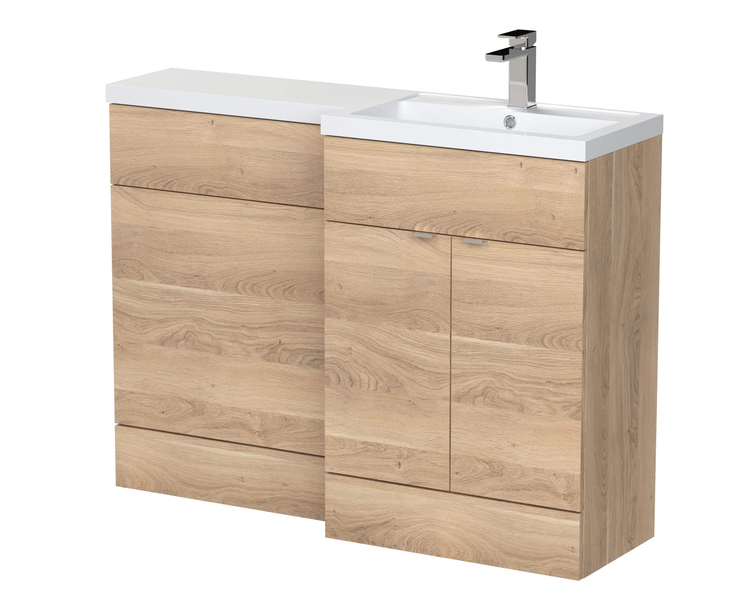Modern wooden bathroom vanity with integrated sink and chrome tap, featuring ample storage space, ideal for bathroom remodels and enhancements.