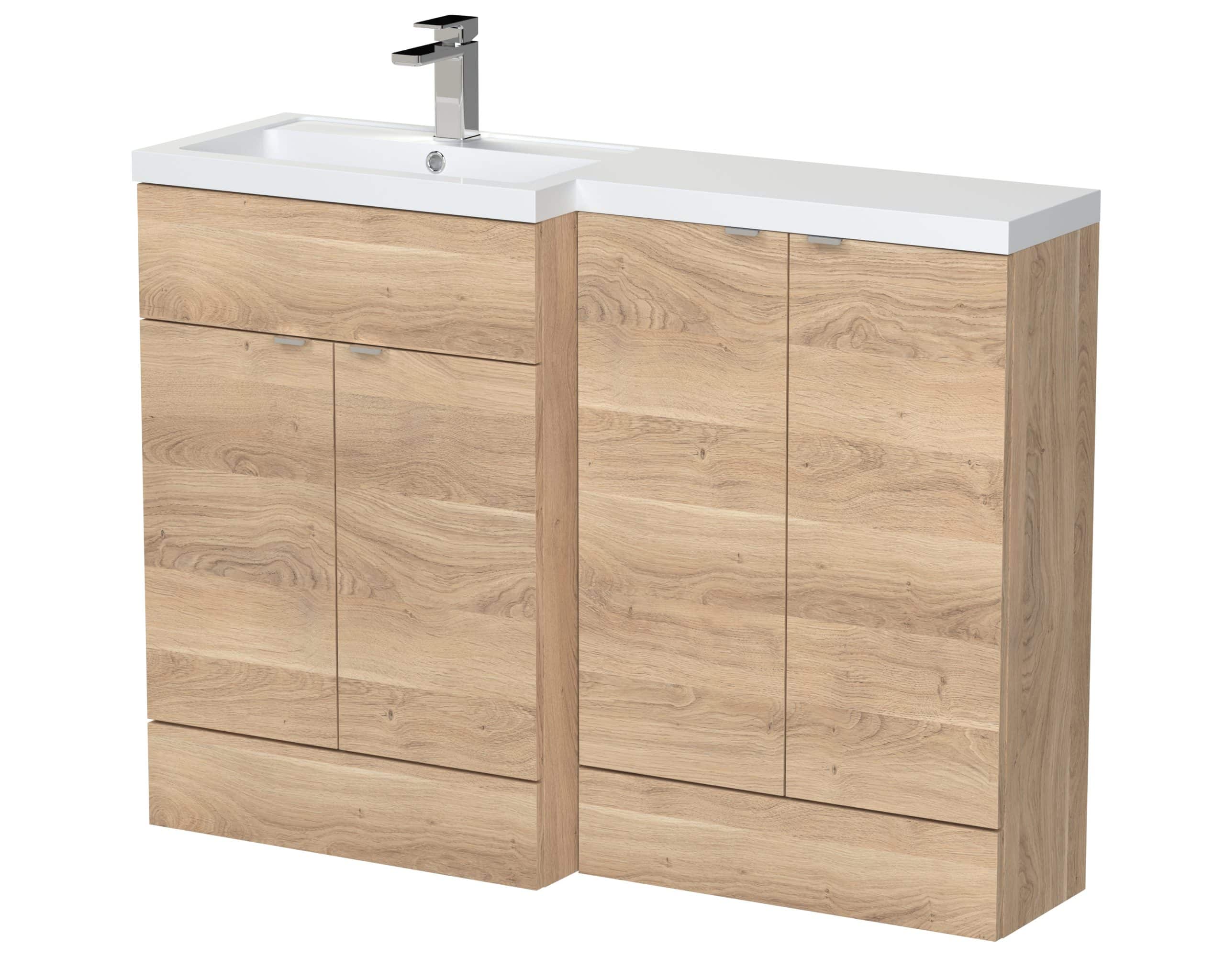 Modern wooden bathroom vanity with a white ceramic sink and chrome tap, ideal for stylish bathroom renovations and storage solutions. Suitable for small to medium bathrooms.