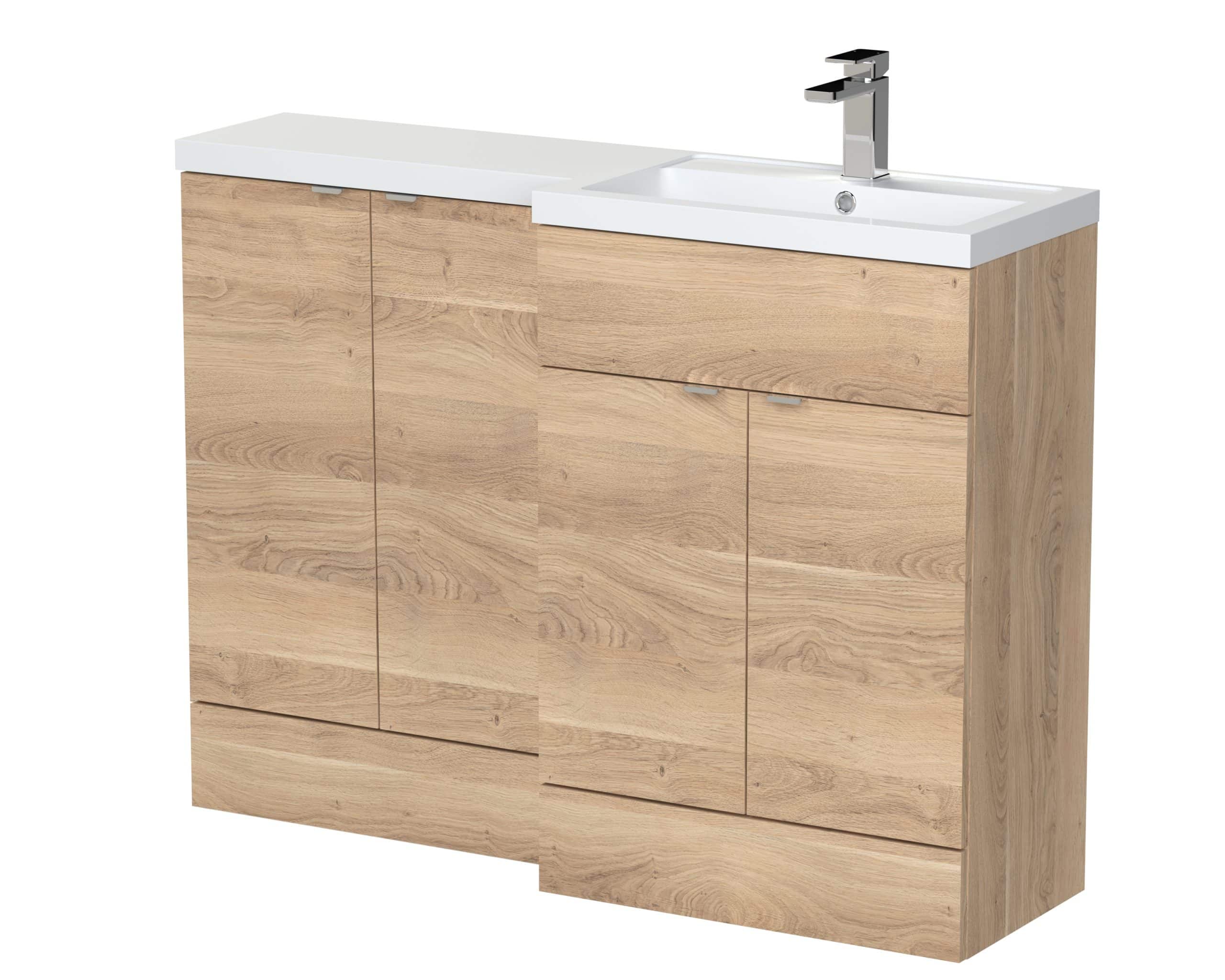 Sleek wooden bathroom vanity with integrated sink and modern chrome tap perfect for contemporary Bubly bathrooms, offering ample storage and stylish design.