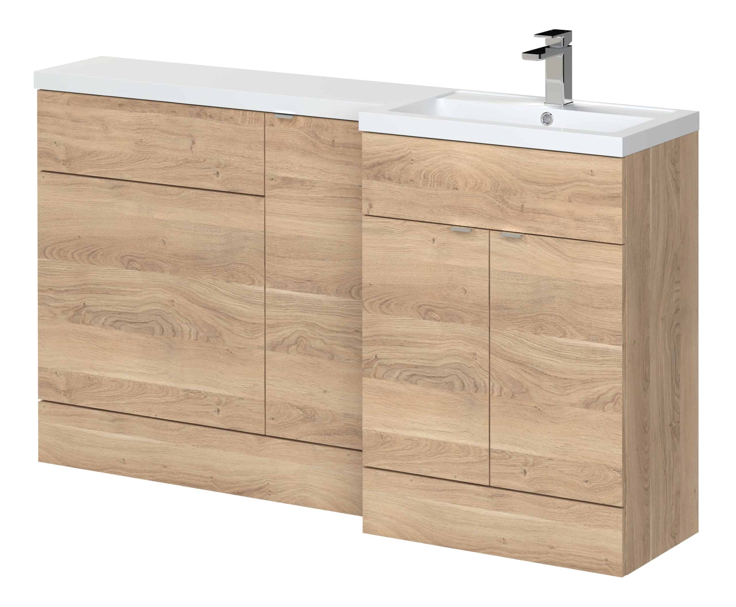 Contemporary wooden bathroom unit with integrated sink and chrome tap for modern Bubly bathrooms. Perfect for stylish storage and wash area enhancement.