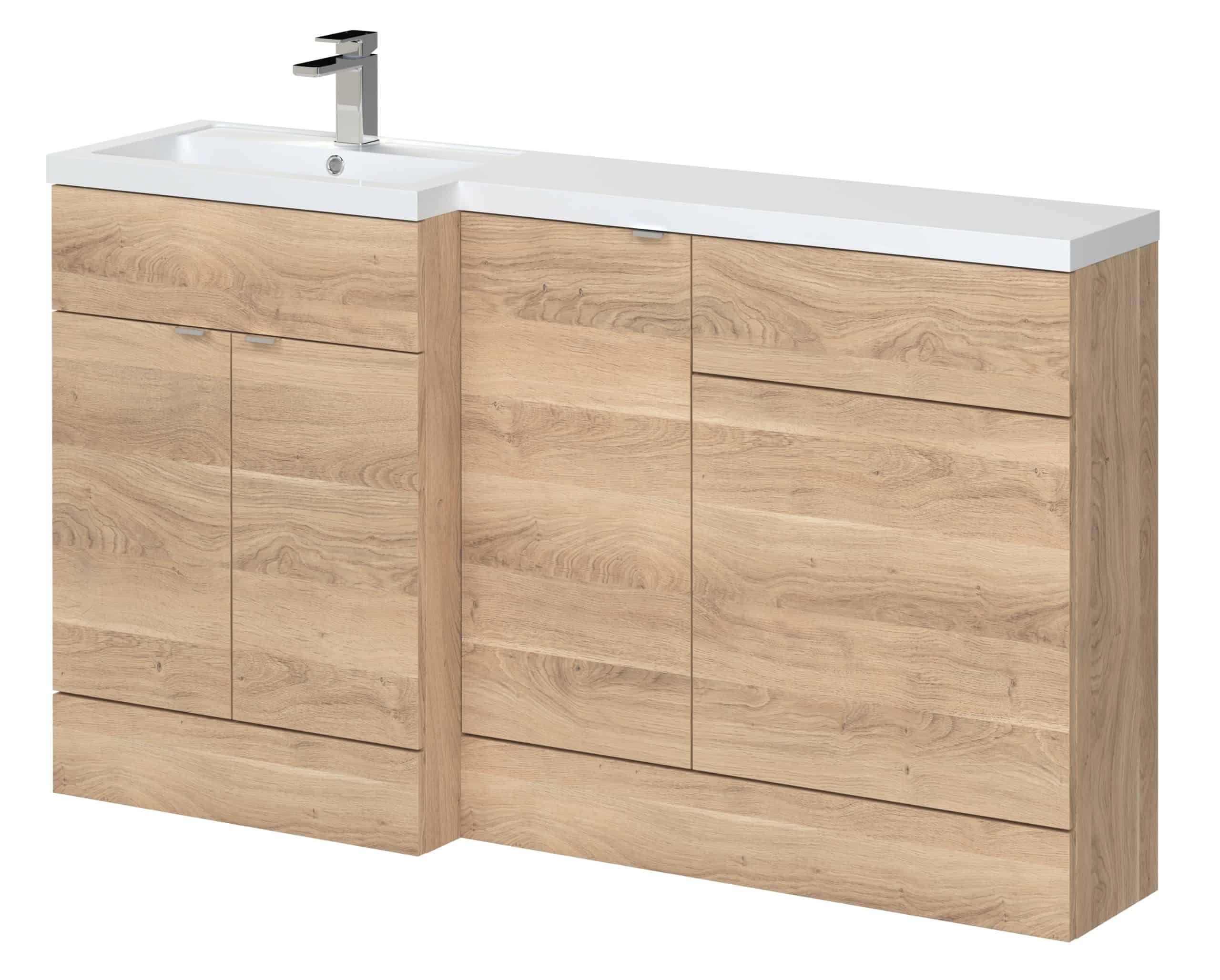 Elegant wooden bathroom vanity with white countertop and modern chrome faucet, combining functionality and style for a contemporary bathroom setting.