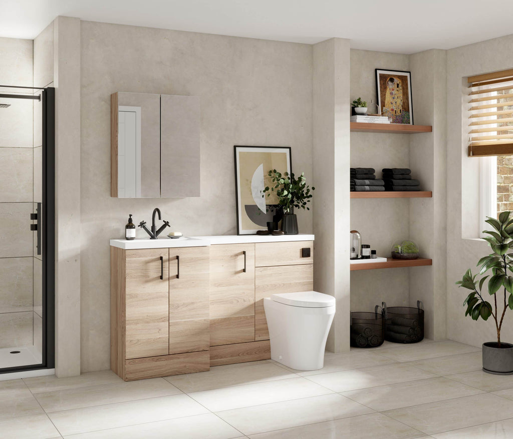 Contemporary wooden bathroom vanity with integrated sink and modern black tap, set in minimalist bathroom with neutral tones, sleek decor, and natural light.