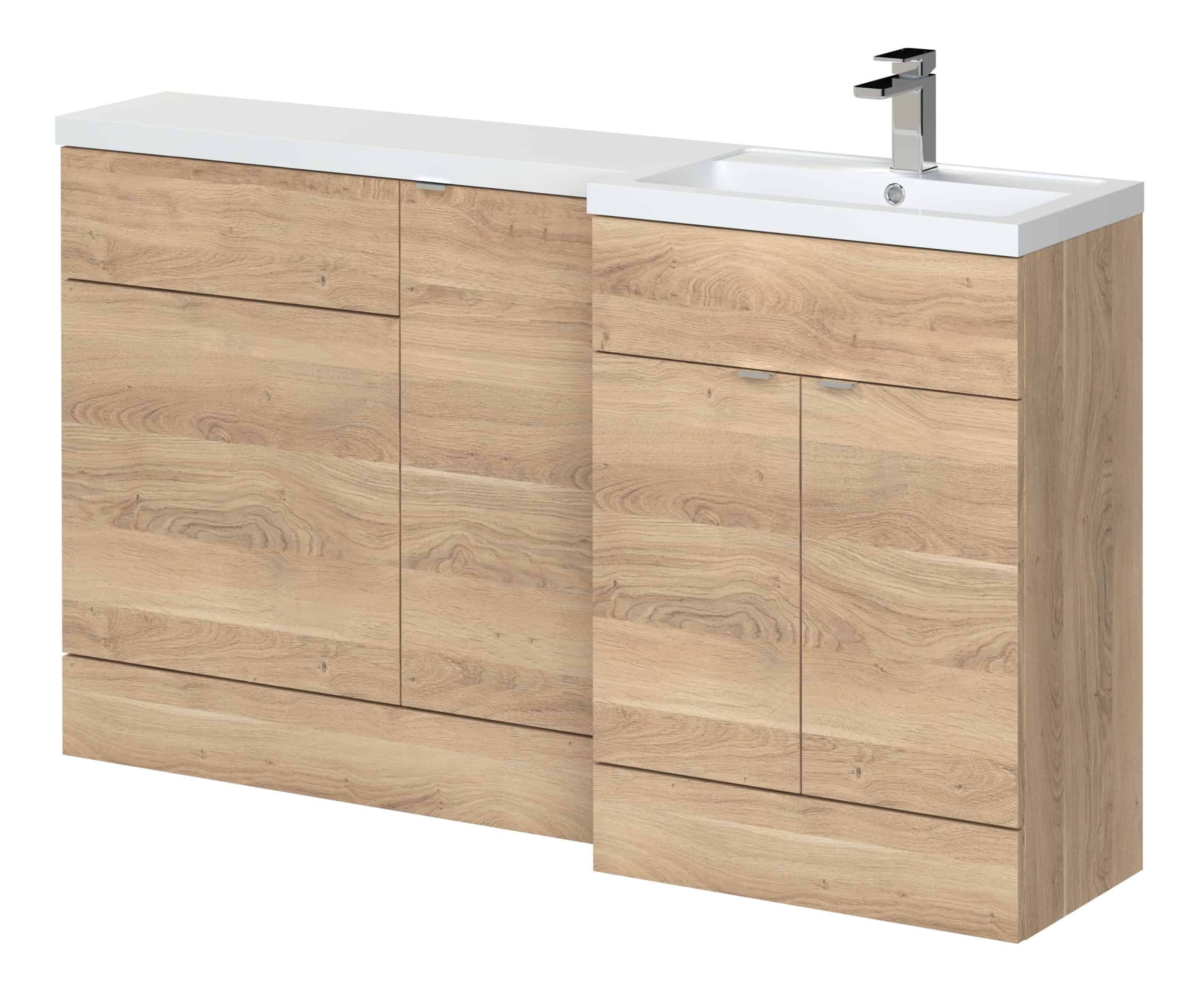Natural wood bathroom vanity with integrated sink and modern chrome faucet for stylish and functional bathroom storage and fixtures.
