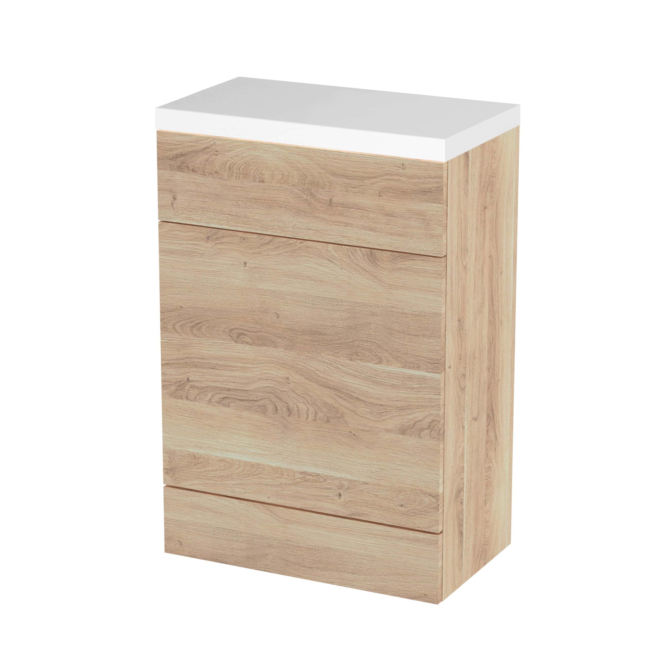 Wooden bathroom storage cabinet with white top, modern design, ideal for organising toiletries and bathroom essentials. Durable, elegant, and space-saving furniture from Bubly Bathrooms.