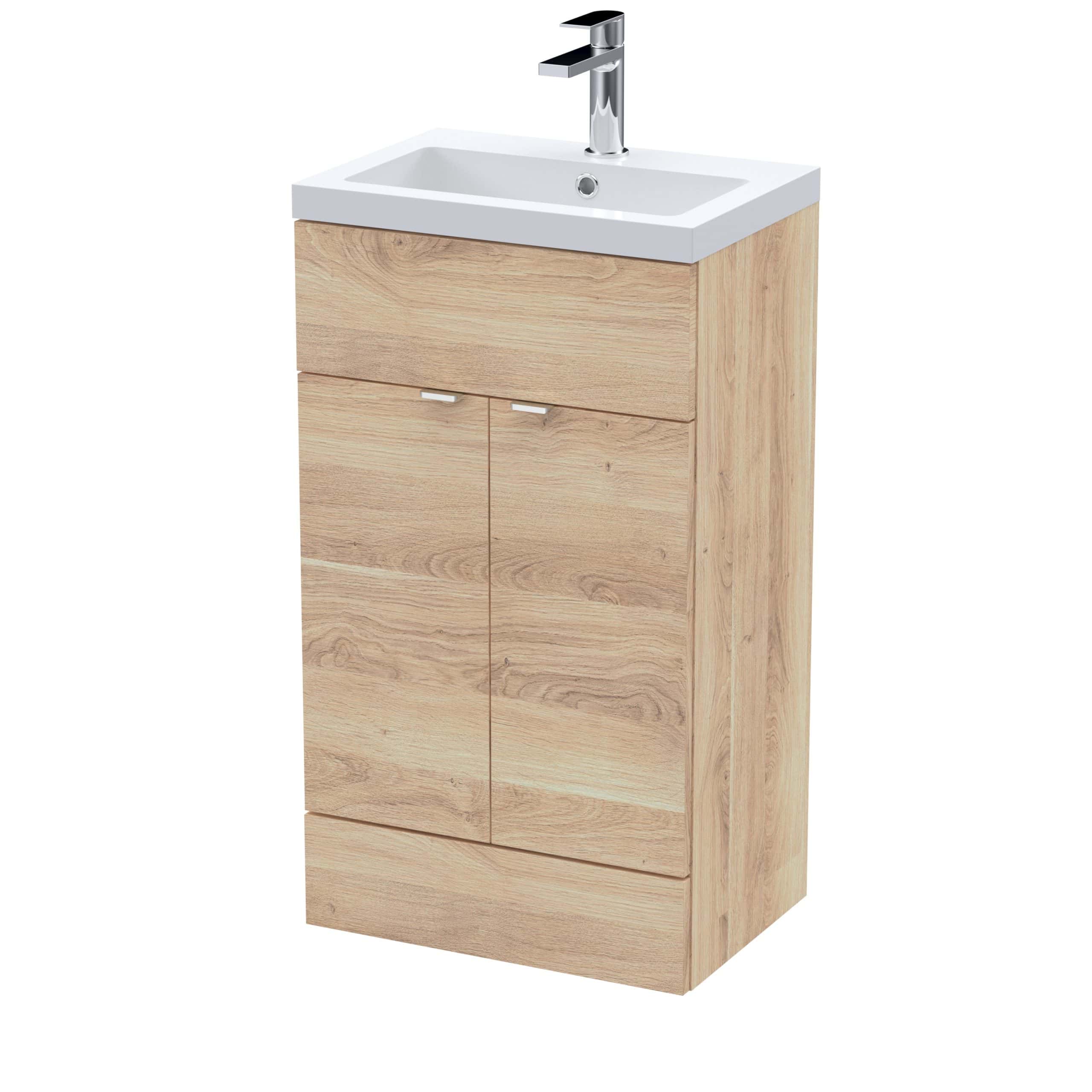 Modern bathroom vanity unit with integrated sink and chrome tap, perfect for contemporary bathroom design. Storage cabinet with natural wood finish for a stylish and practical bathroom upgrade.