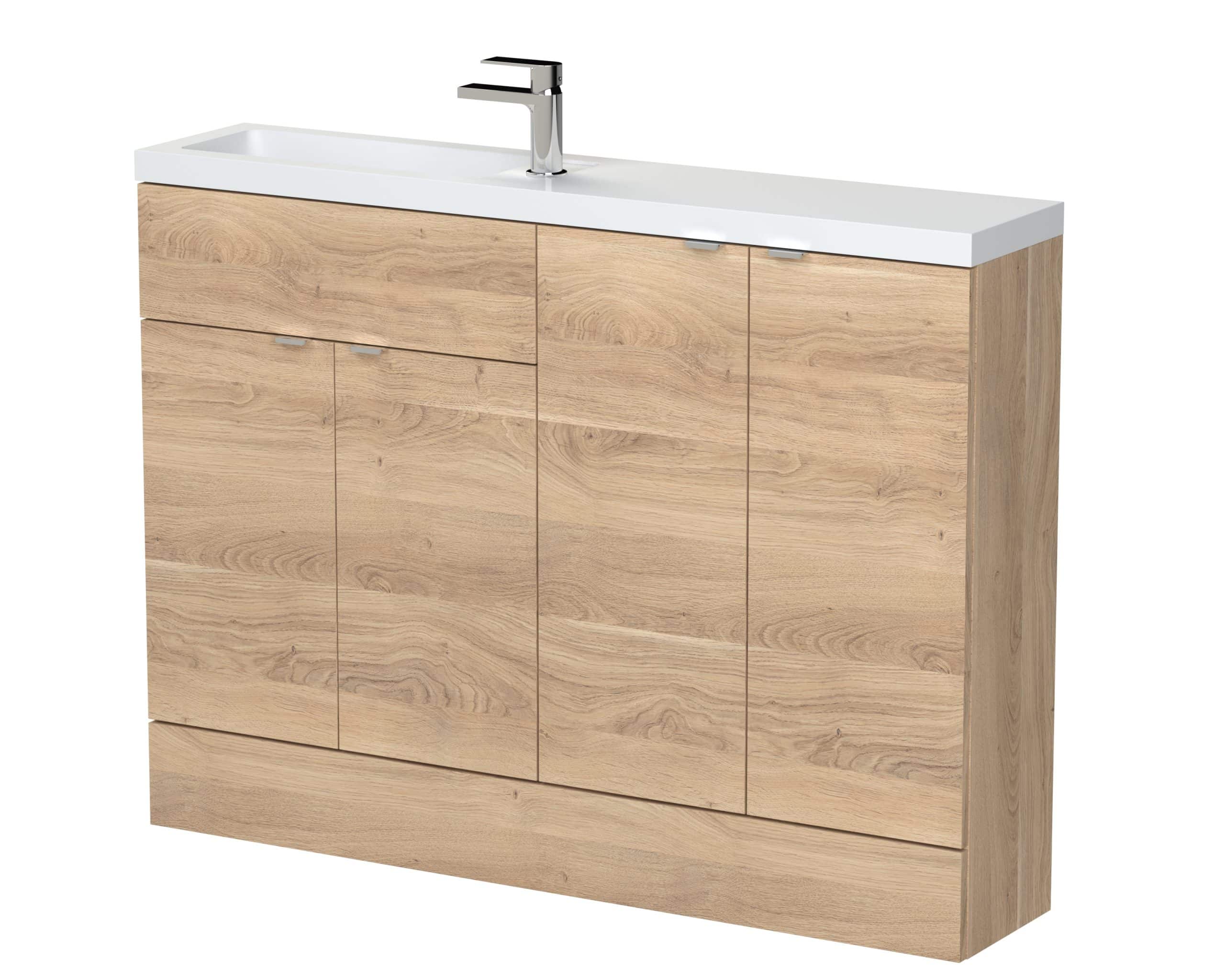 Natural wood bathroom vanity with white countertop and modern chrome faucet - Bubly Bathrooms bathroom furniture for stylish storage solutions.