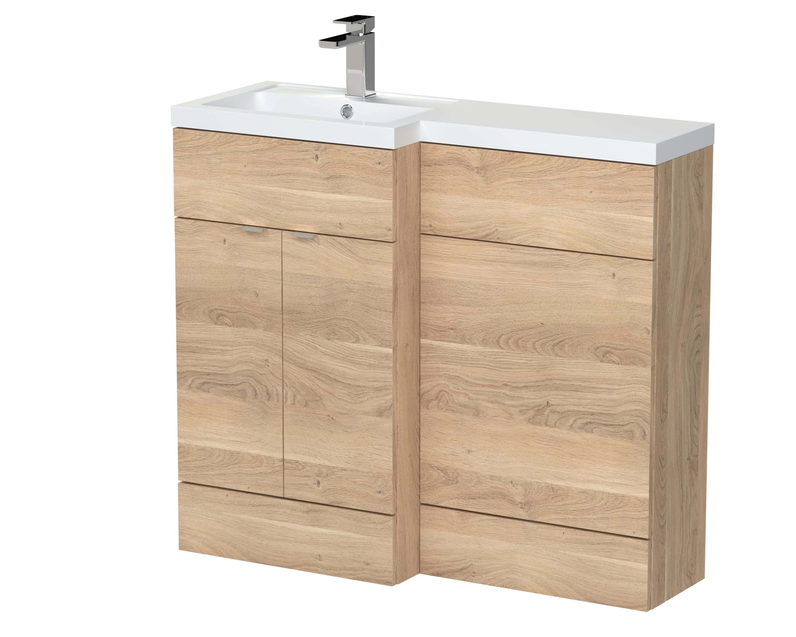 Rustic wooden bathroom vanity with integrated white ceramic sink and modern chrome tap, ideal for contemporary bathroom designs. Perfect for stylish and functional bathroom storage solutions.