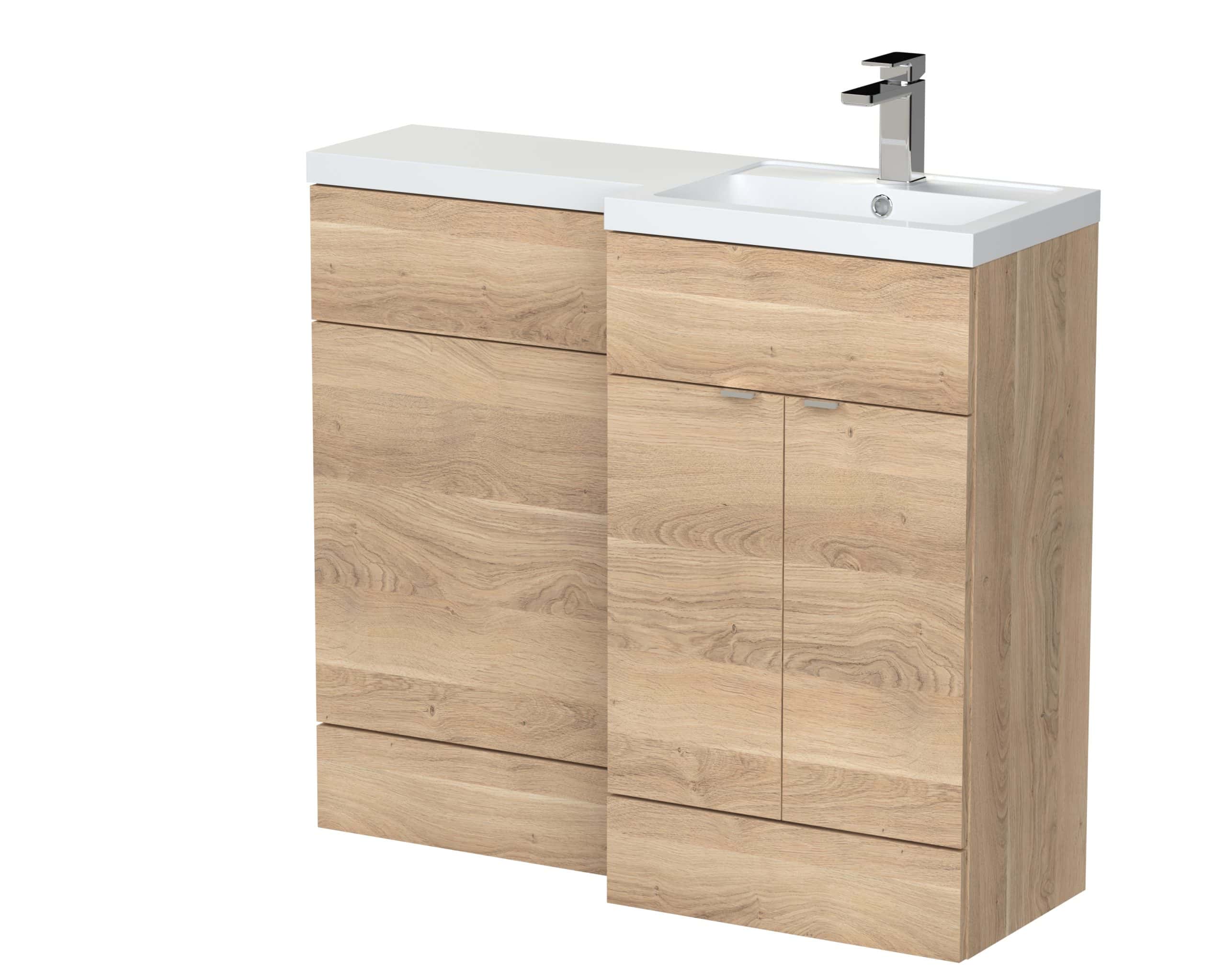 Natural wood bathroom vanity with ceramic sink and modern chrome faucet, ideal for contemporary bathroom renovations and enhancing bathroom aesthetics.