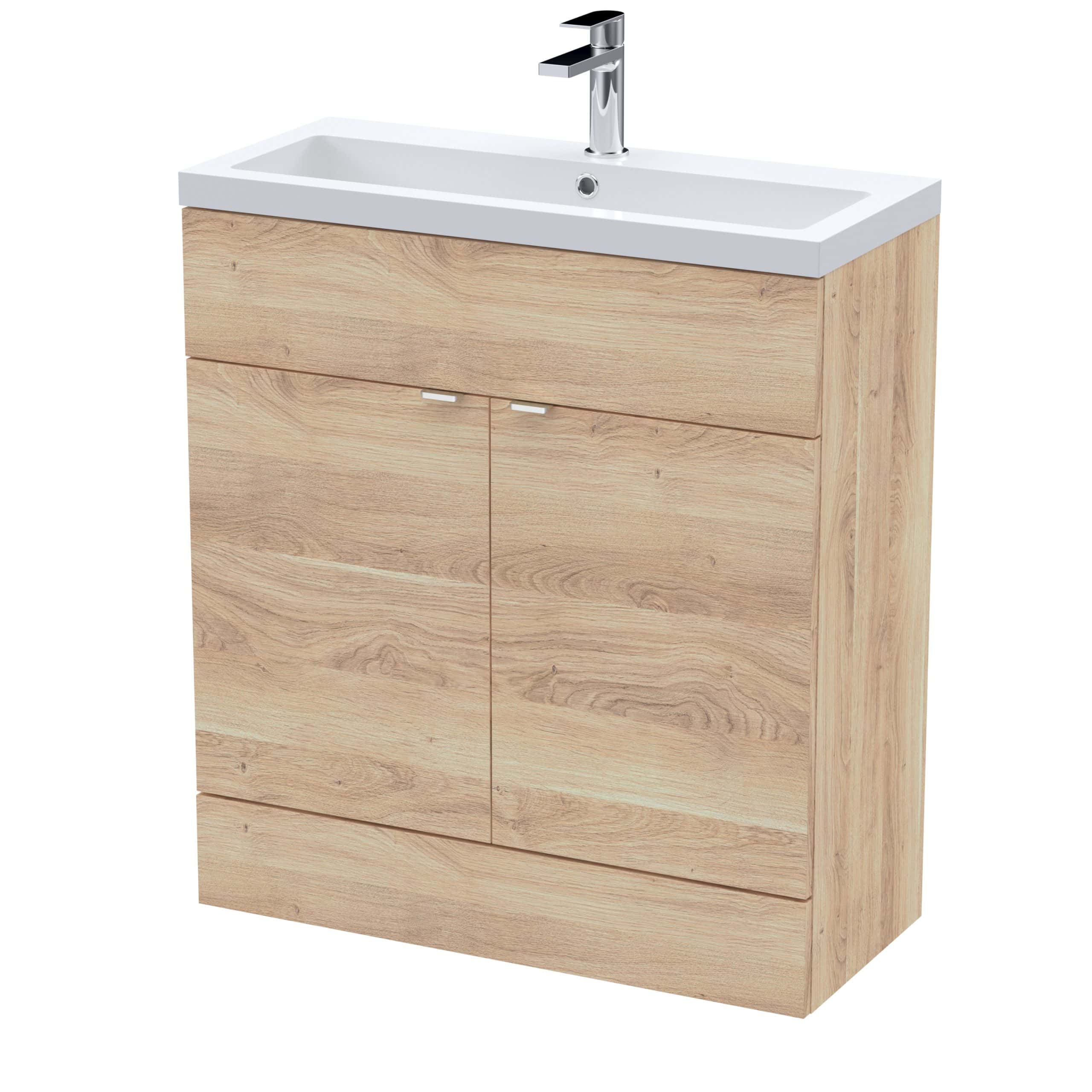 Natural wood bathroom vanity unit with integrated sink and modern chrome tap - perfect for contemporary Bubly Bathrooms. Designed for style and functionality in your bathroom renovation.
