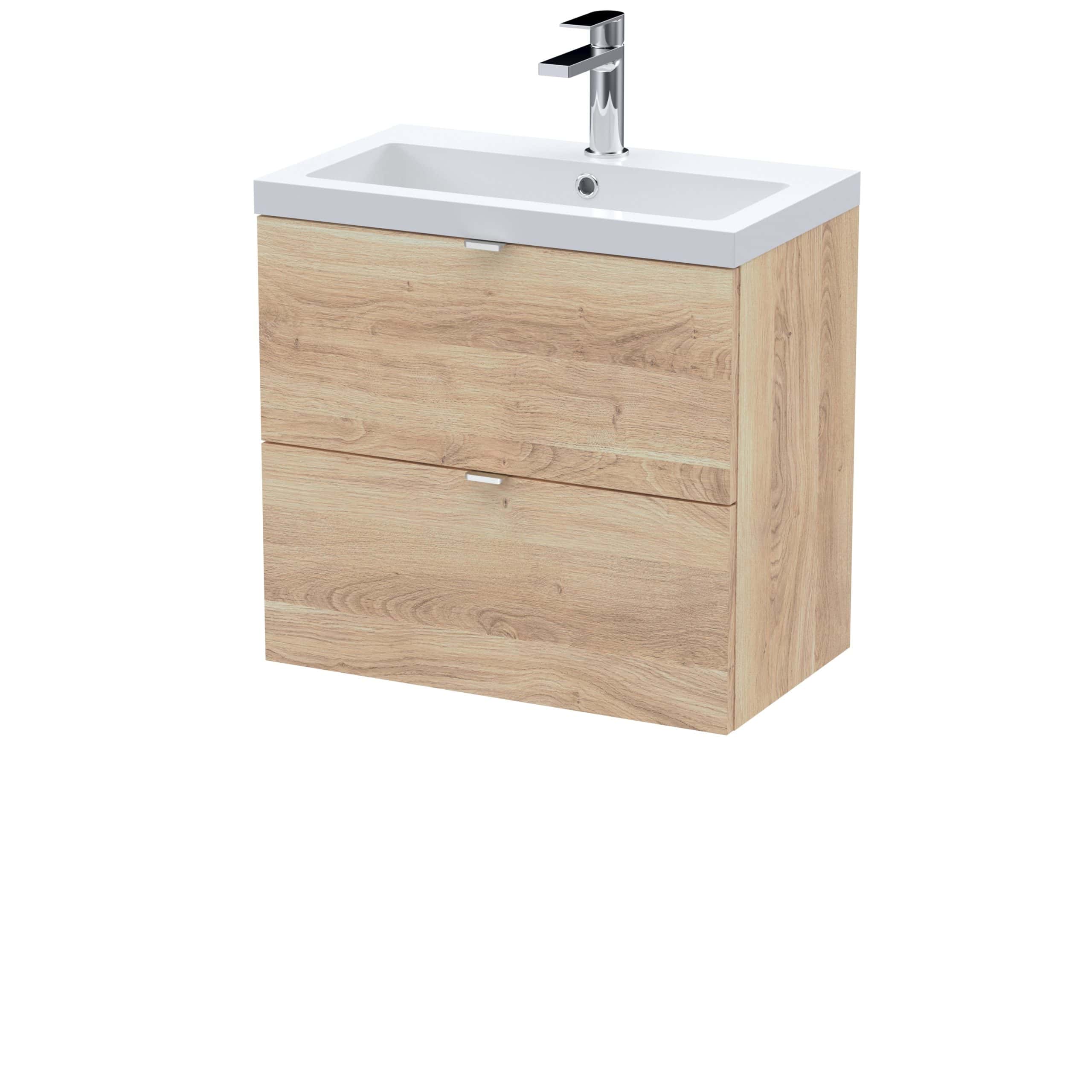 Natural oak bathroom vanity with integrated sink and modern chrome tap, ideal for contemporary bathroom interiors.