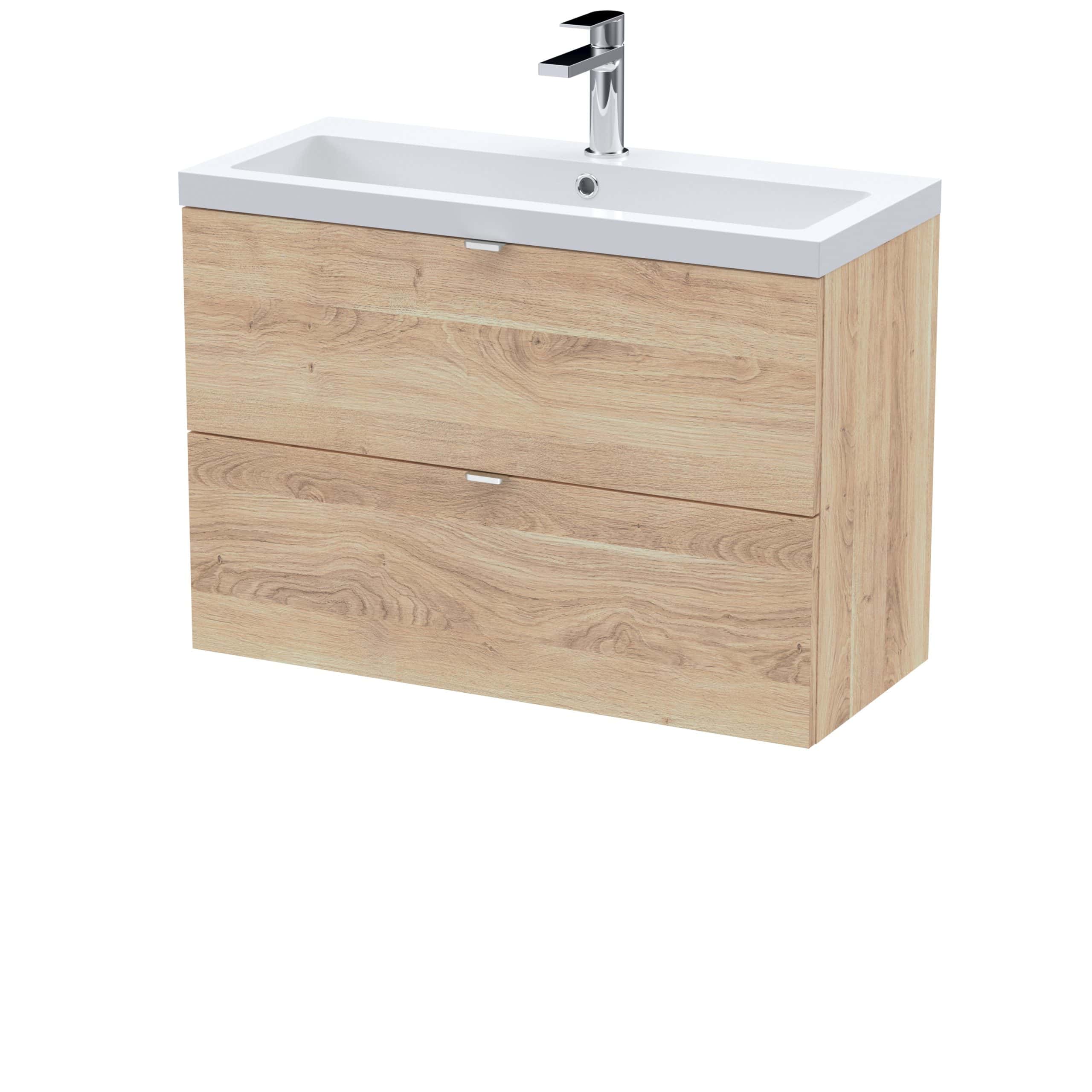 Sleek bathroom vanity unit with integrated sink and modern chrome tap, featuring two spacious drawers for efficient storage, ideal for contemporary bathroom designs.