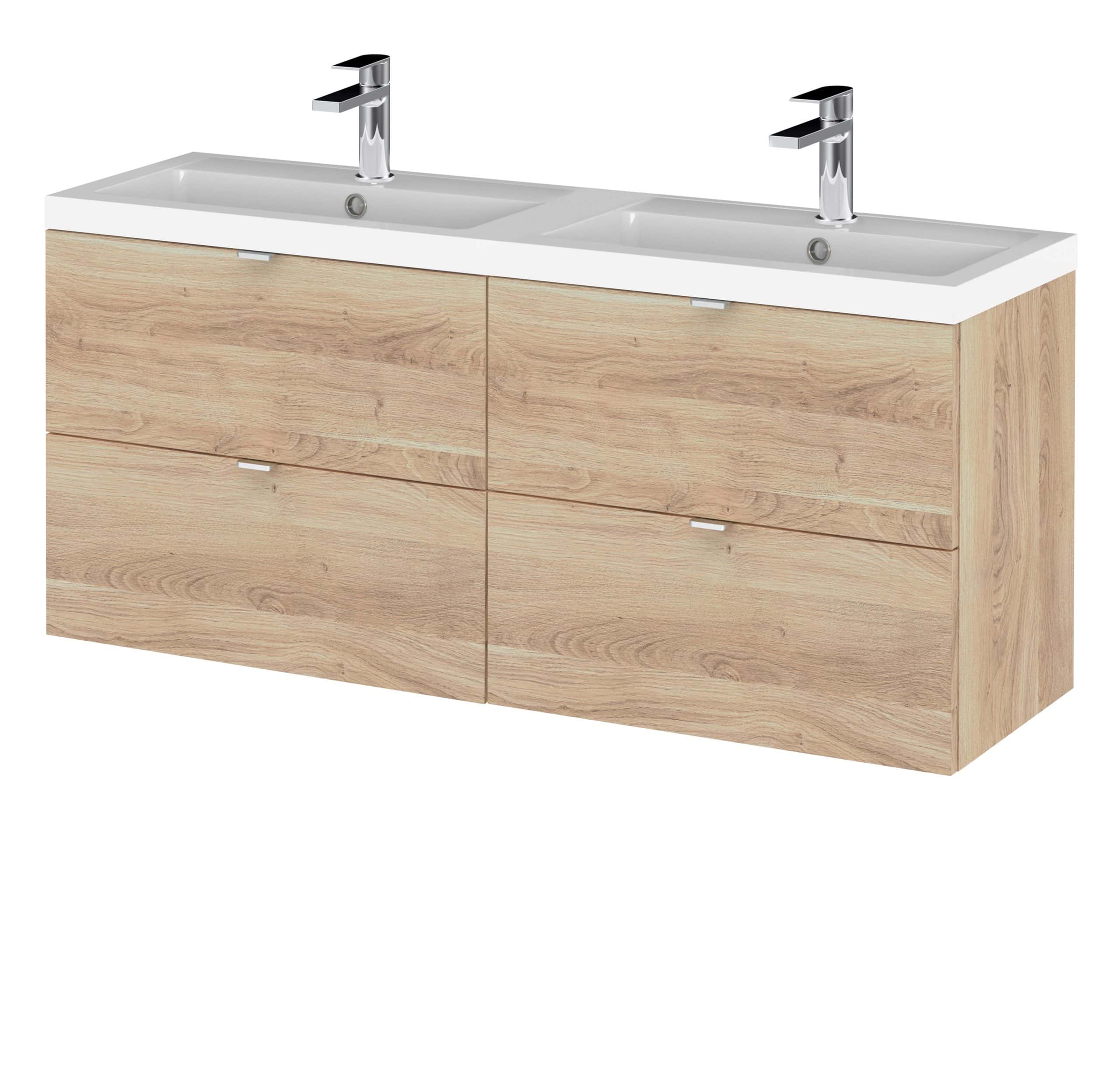 Modern double vanity bathroom unit with natural wood finish and dual sinks, ideal for contemporary bathrooms.