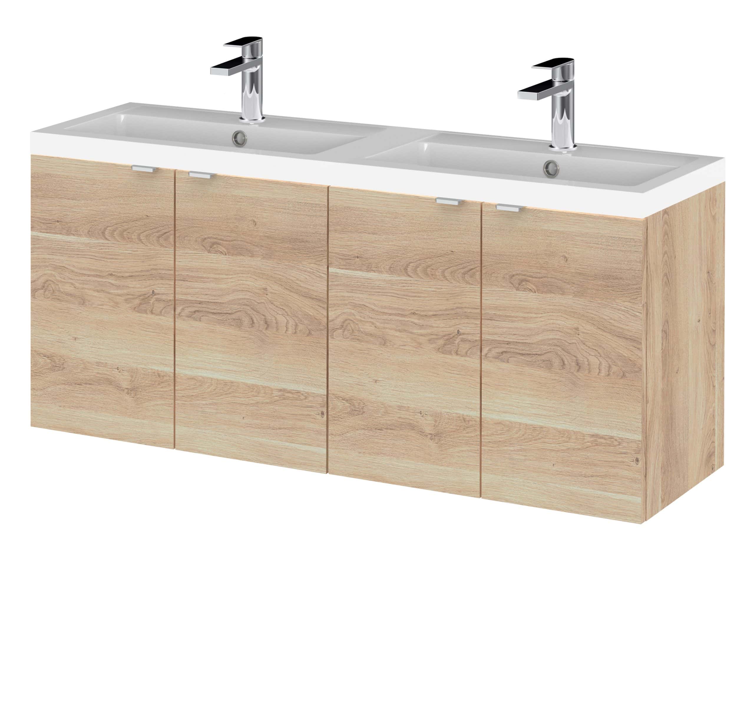 Sleek wooden double bathroom vanity with built-in sinks and modern chrome faucets, ideal for contemporary bathroom renovation and stylish storage solutions.