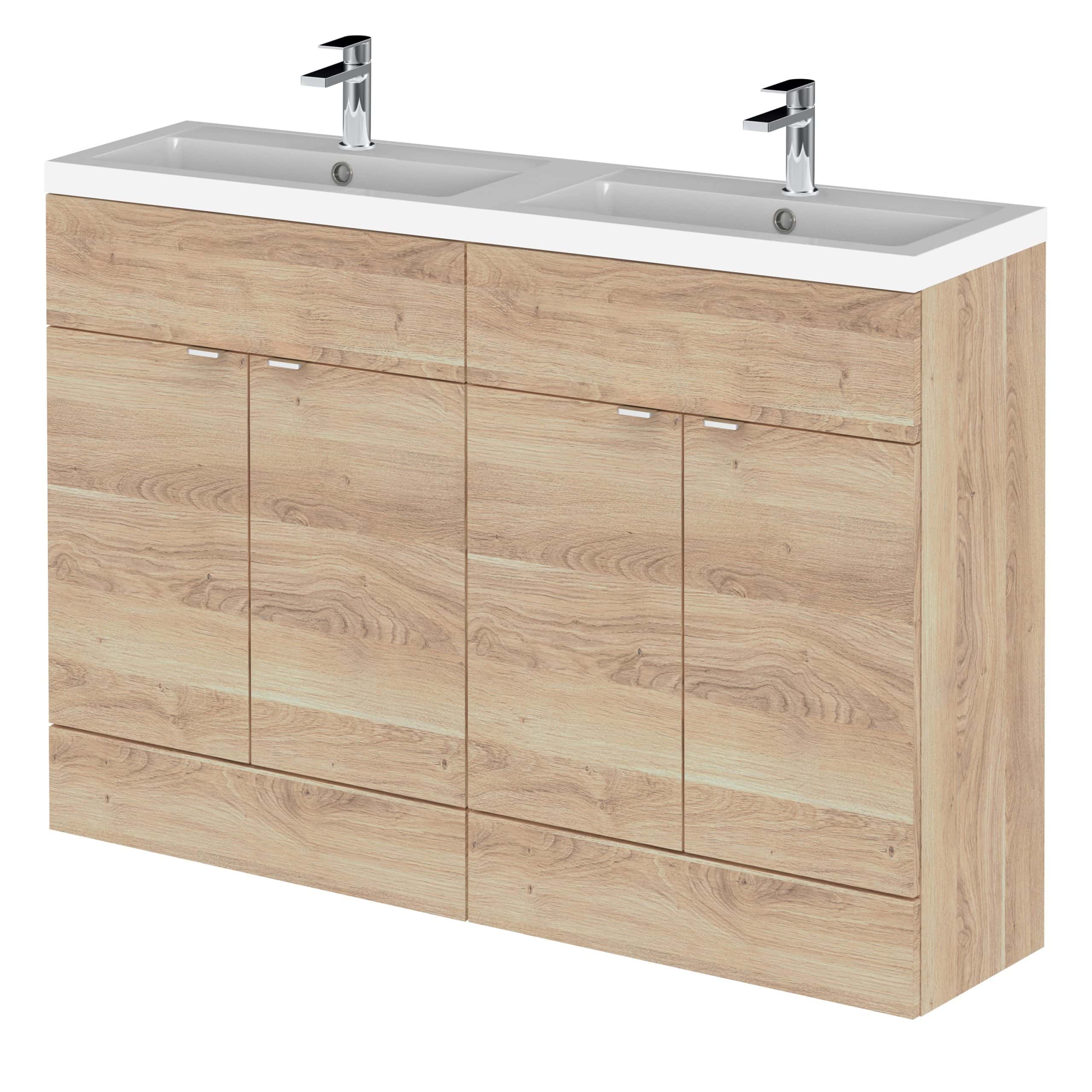 Double bathroom vanity unit with twin sinks, wooden cabinetry, and chrome faucets, ideal for modern bathroom designs. Perfect for stylish bathroom storage and plumbing solutions.