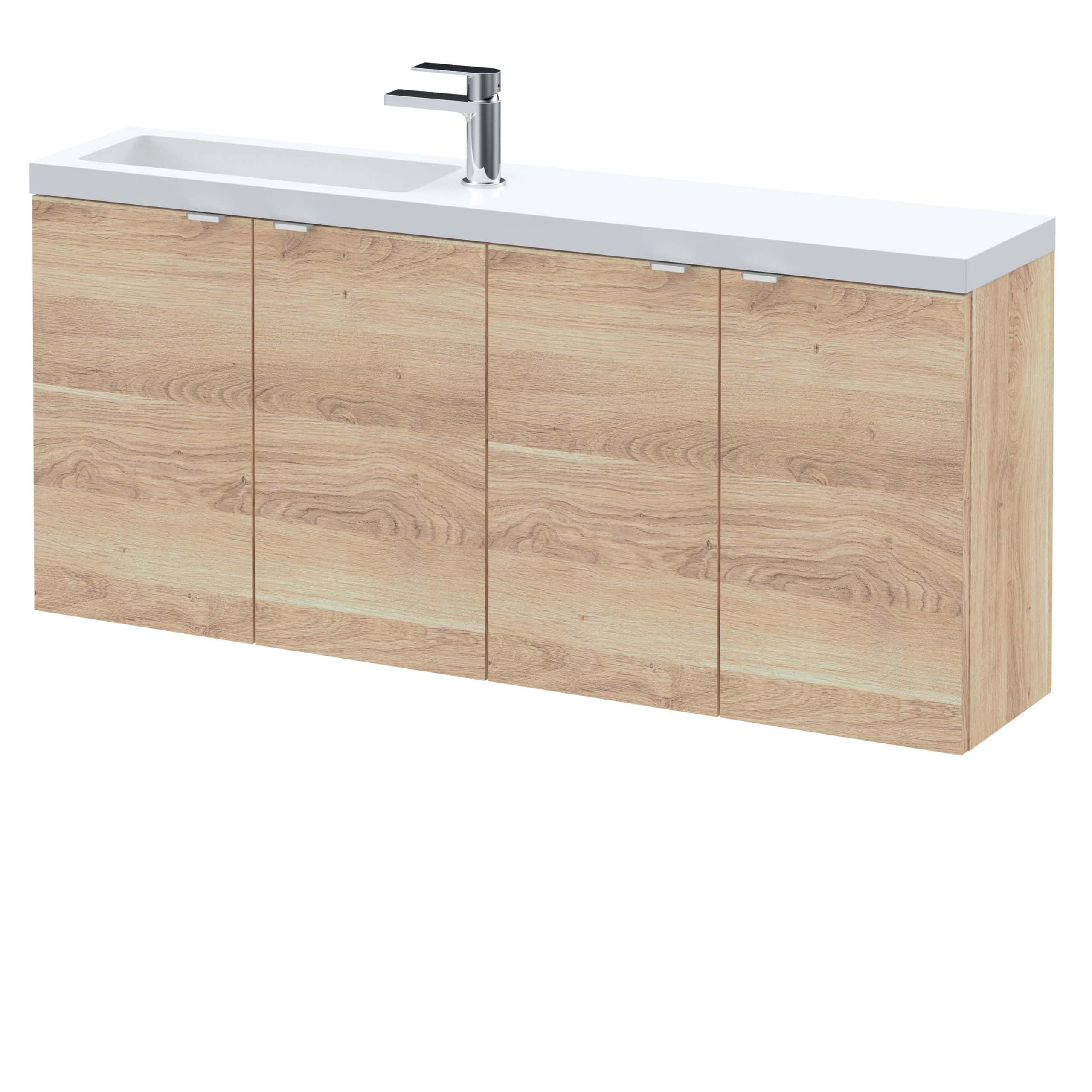 Sleek modern bathroom vanity with natural wood finish, integrated sink, and chrome tap, perfect for contemporary bathroom design.