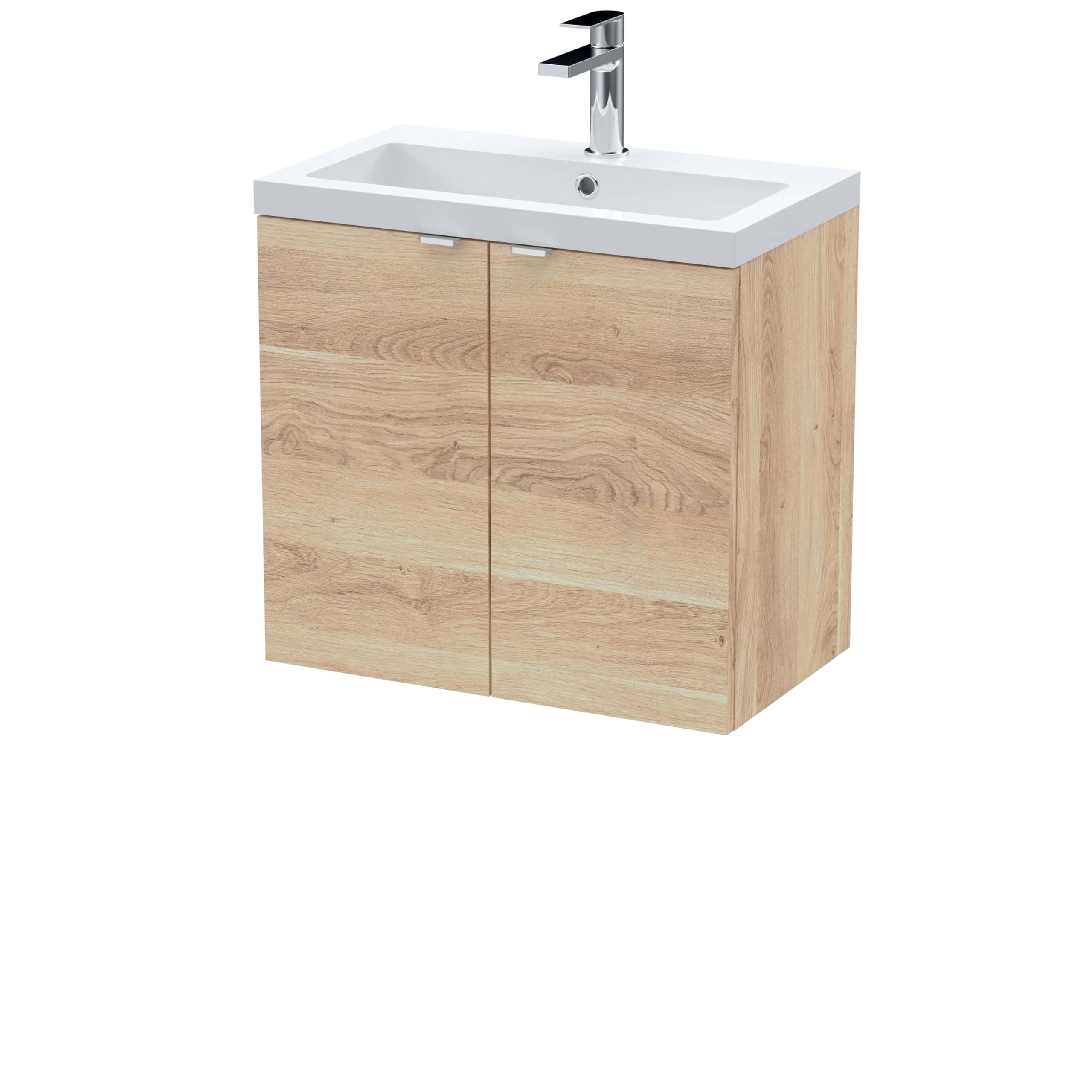 Modern bathroom vanity unit with integrated sink and chrome tap, ideal for contemporary bathroom designs. Durable wood finish cabinet provides stylish storage space.