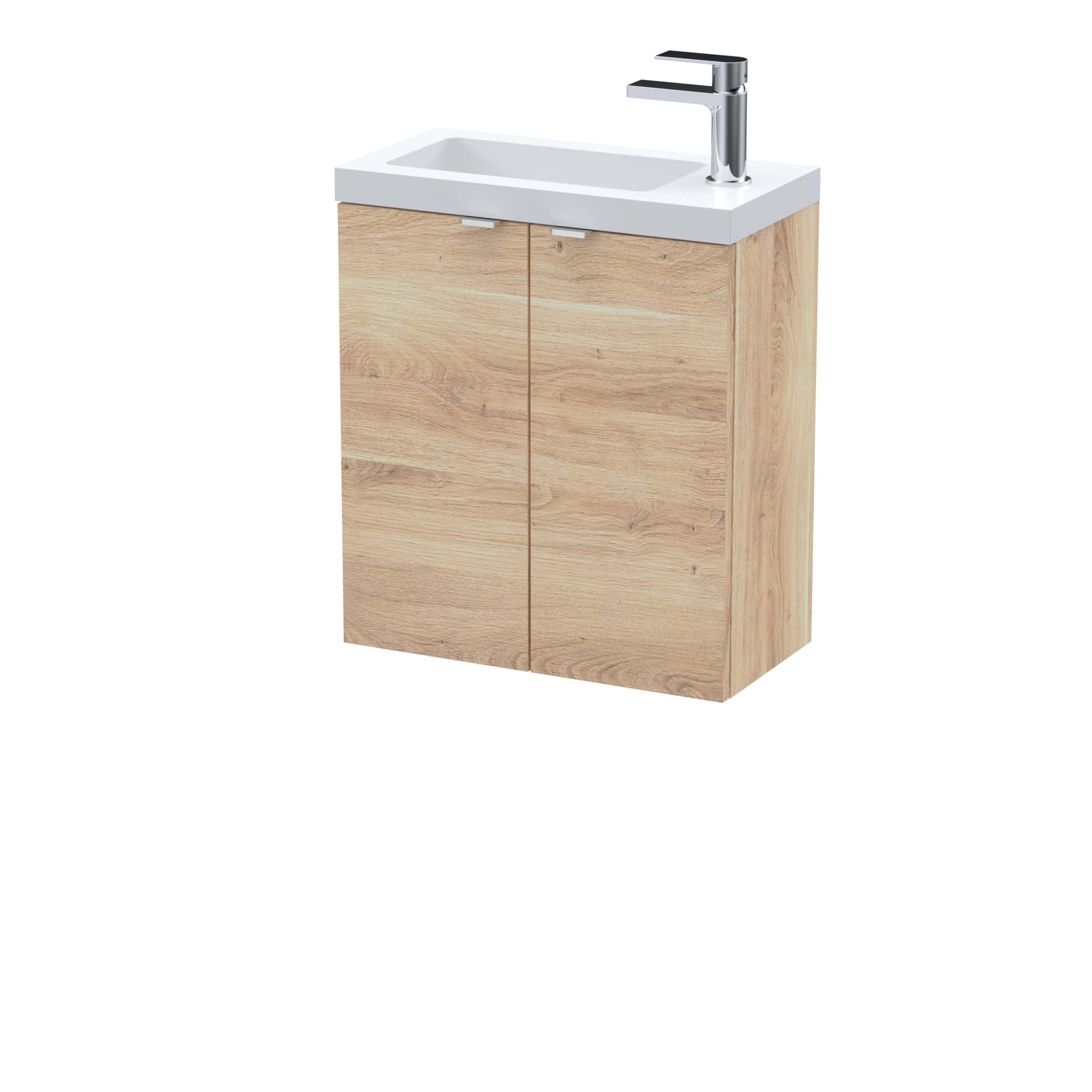 Rustic wooden bathroom vanity with integrated sink and modern chrome faucet, perfect for contemporary bathroom decor and practical storage solutions.