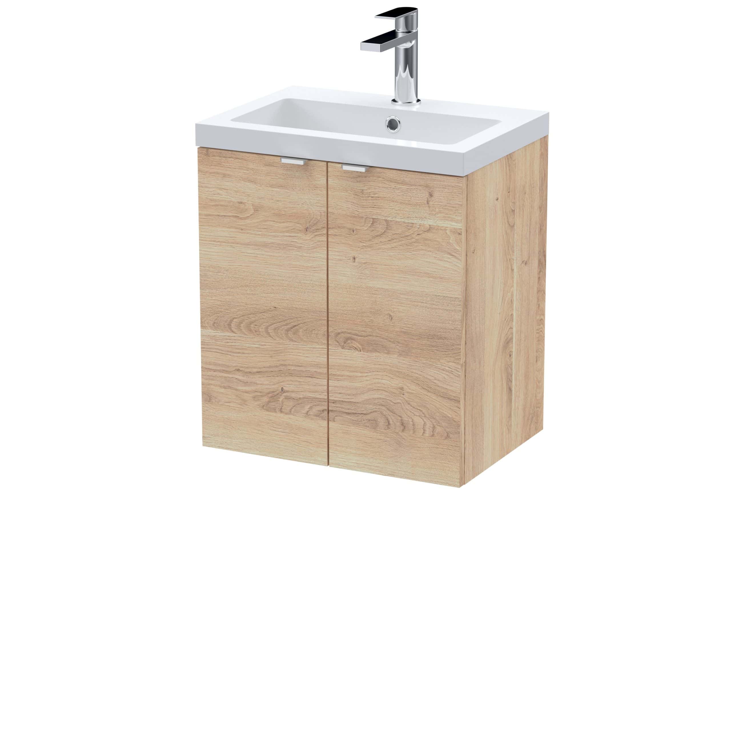 Minimalist bathroom vanity unit with integrated white ceramic sink and chrome tap, perfect for modern bathroom decor. Durable wood finish provides sleek, functional storage space.