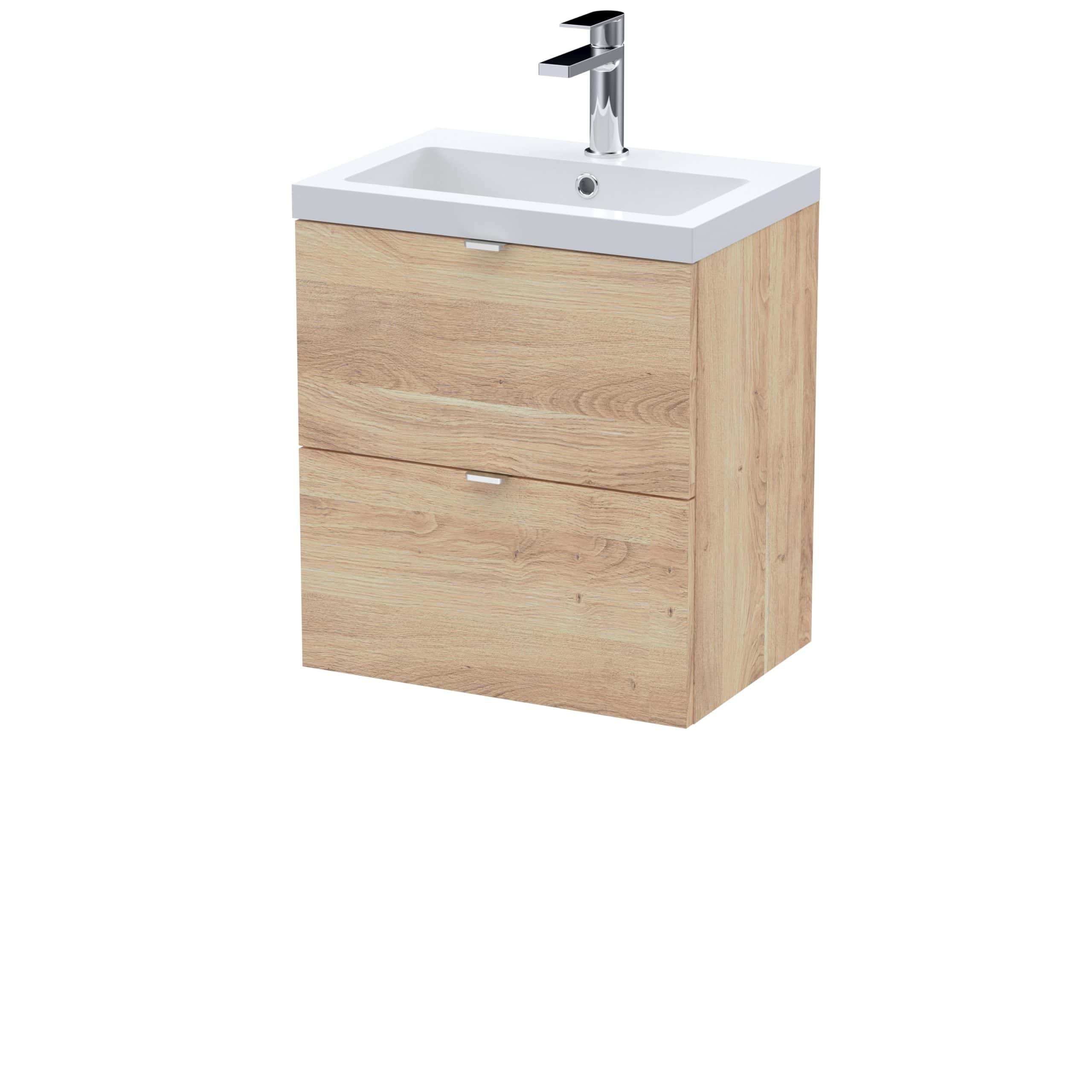 Light wood bathroom vanity with integrated sink and chrome faucet for modern bathroom furniture.