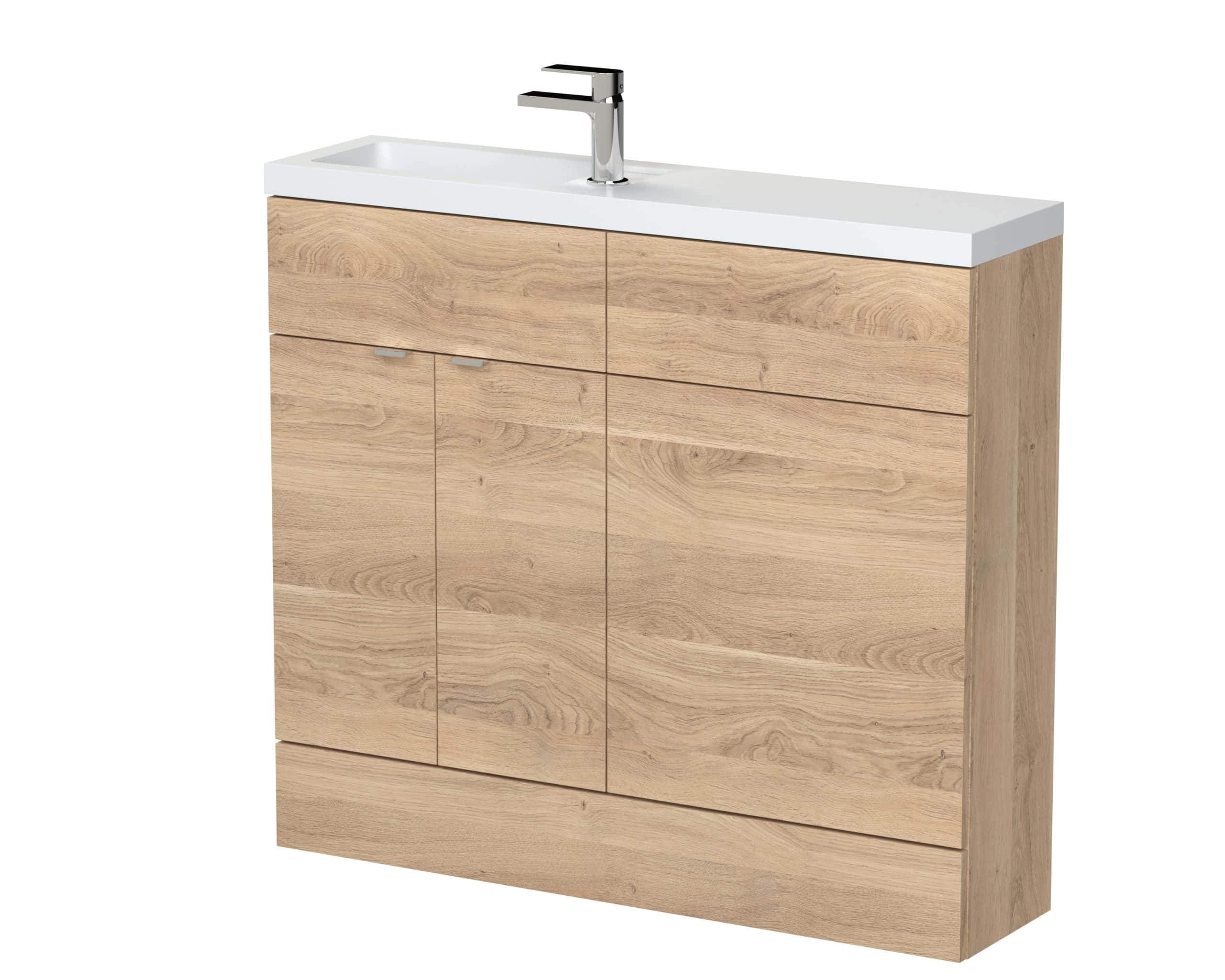 Sleek modern bathroom vanity unit with natural wood finish and integrated sink, perfect for contemporary Bubly bathrooms in UK homes.