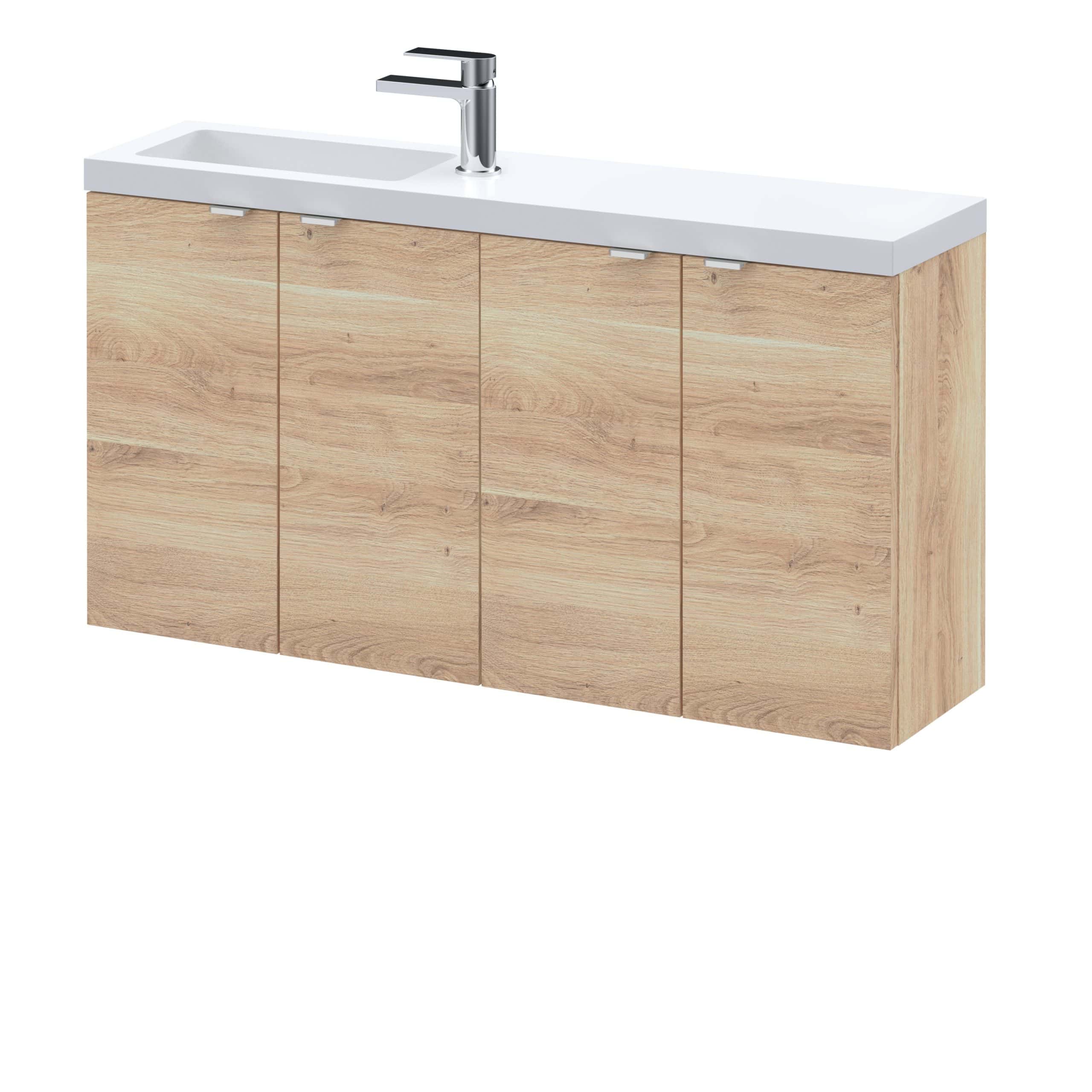 Modern bathroom vanity with natural wood finish and integrated sink, perfect for contemporary bathroom designs. Features sleek cabinetry and a user-friendly faucet for stylish and functional bathroom storage.