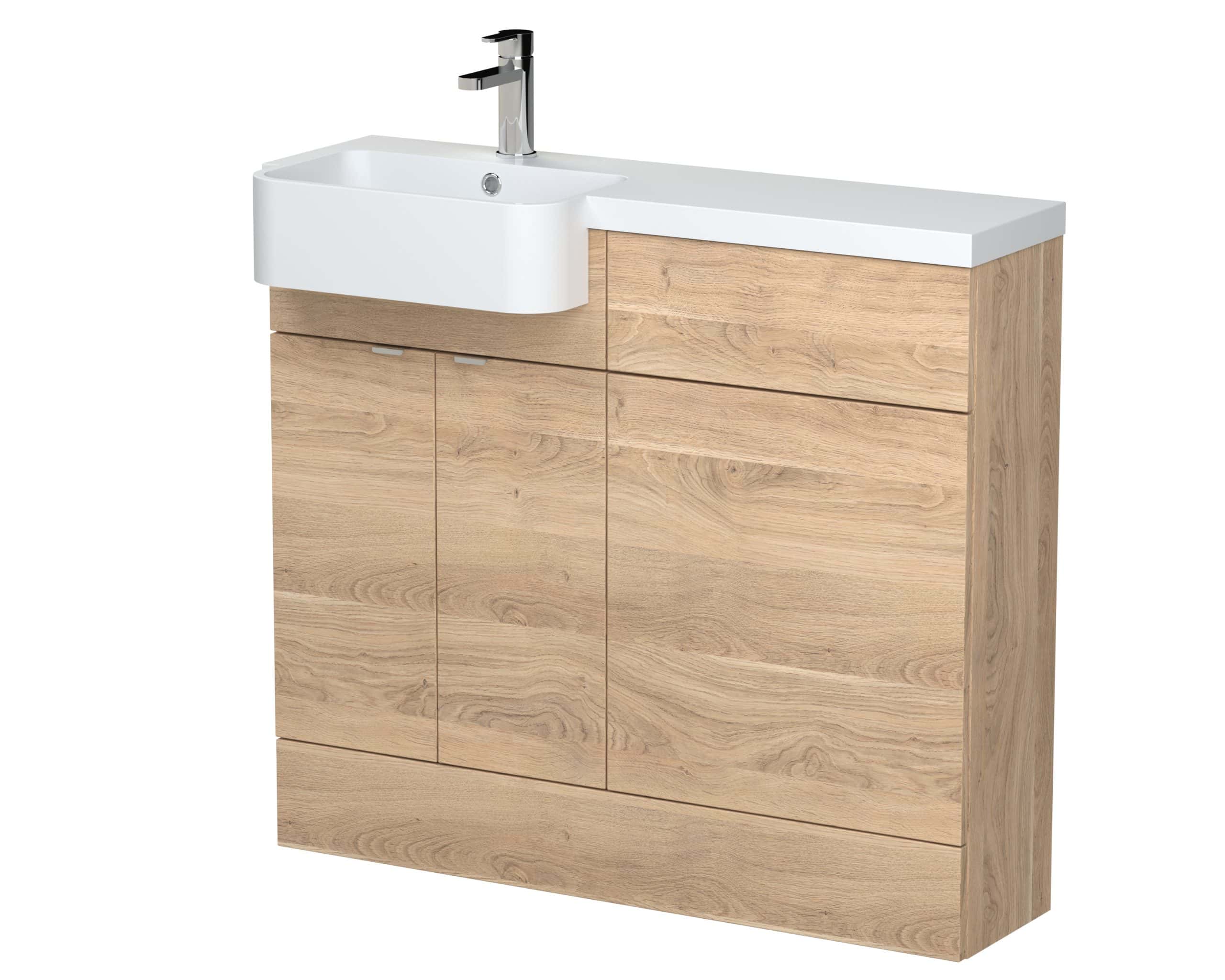 Bright modern bathroom vanity with a white ceramic sink and natural wood finish cabinet, perfect for contemporary bathrooms. Features sleek design, practical storage, and stylish appeal.
