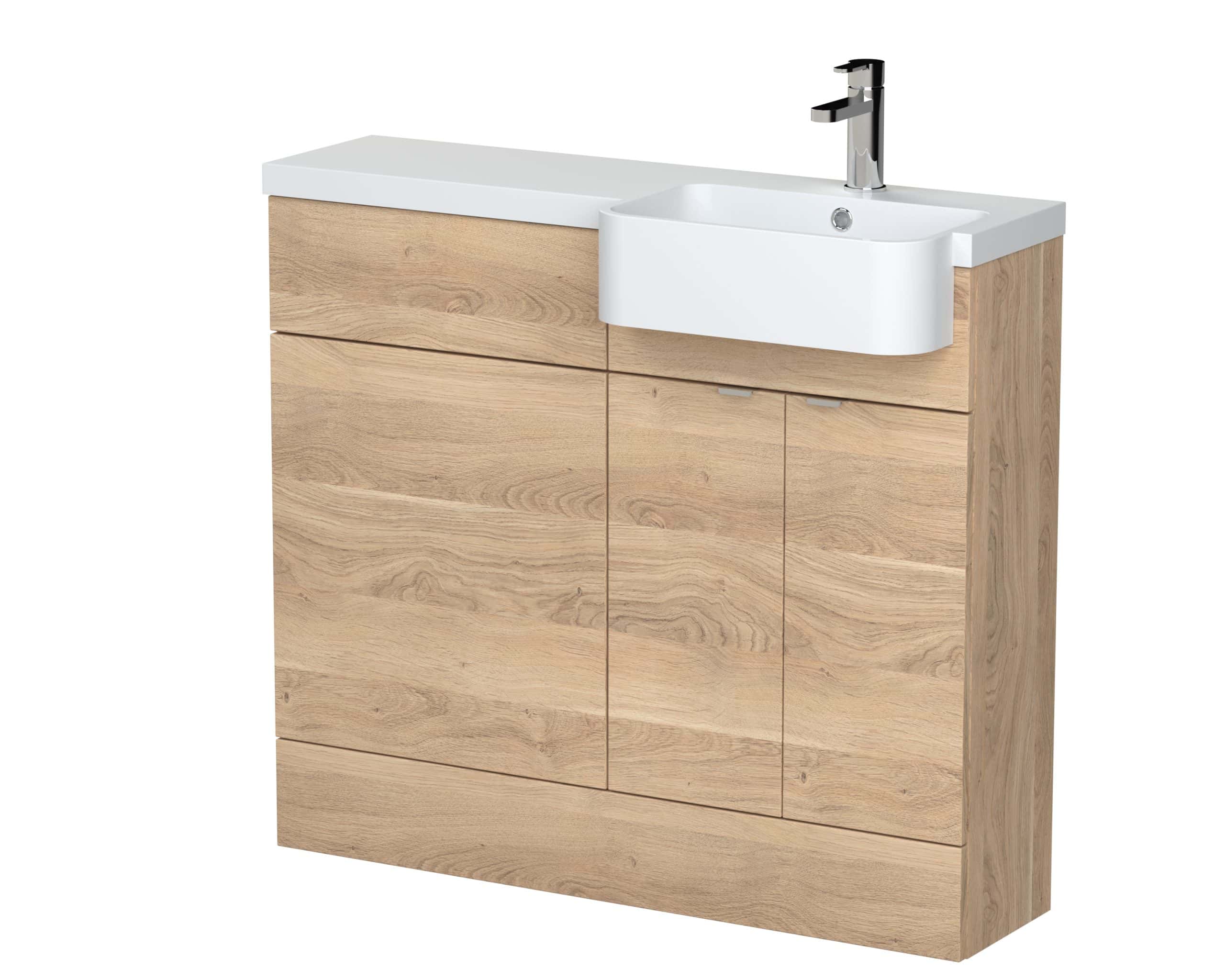 Stylish bathroom vanity with natural wood finish, integrated white ceramic sink, and modern chrome faucet, perfect for contemporary bubly bathrooms.