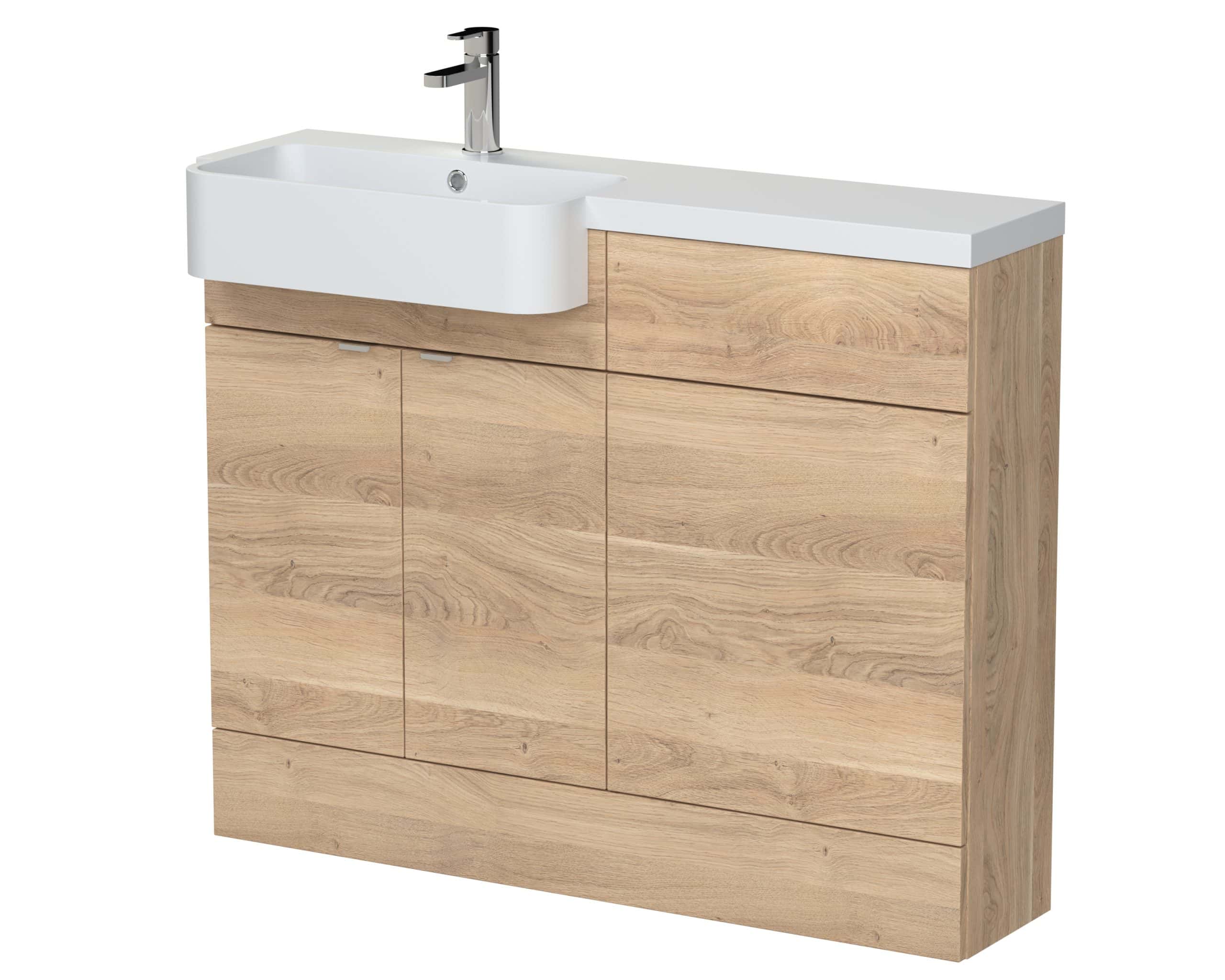 Modern wooden bathroom vanity with integrated sink and chrome tap, ideal for contemporary bathroom renovations. Durable and stylish, designed for practicality and aesthetic appeal.