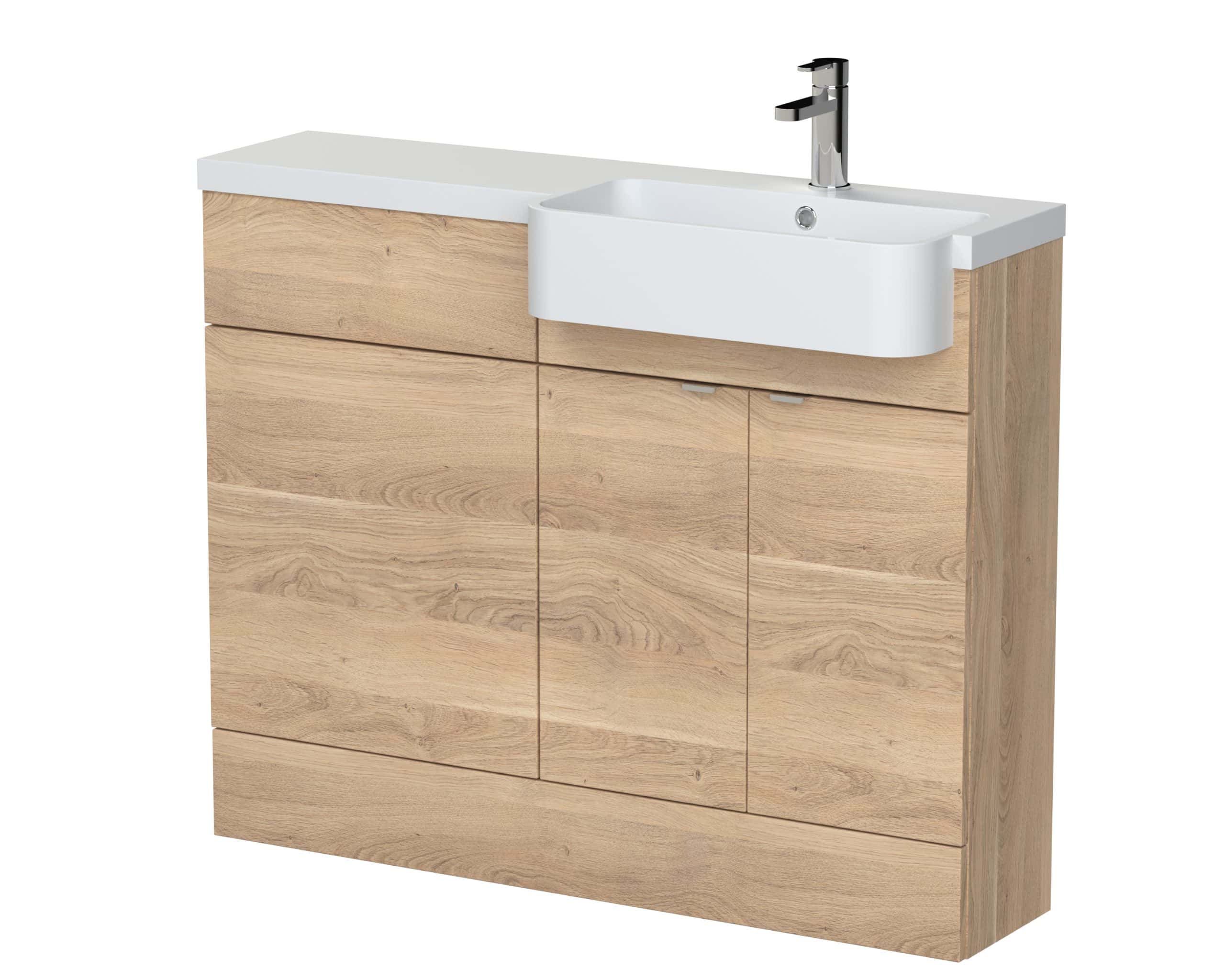 Modern wooden bathroom vanity unit with integrated white sink and chrome tap, ideal for stylish and functional Bubly bathrooms.