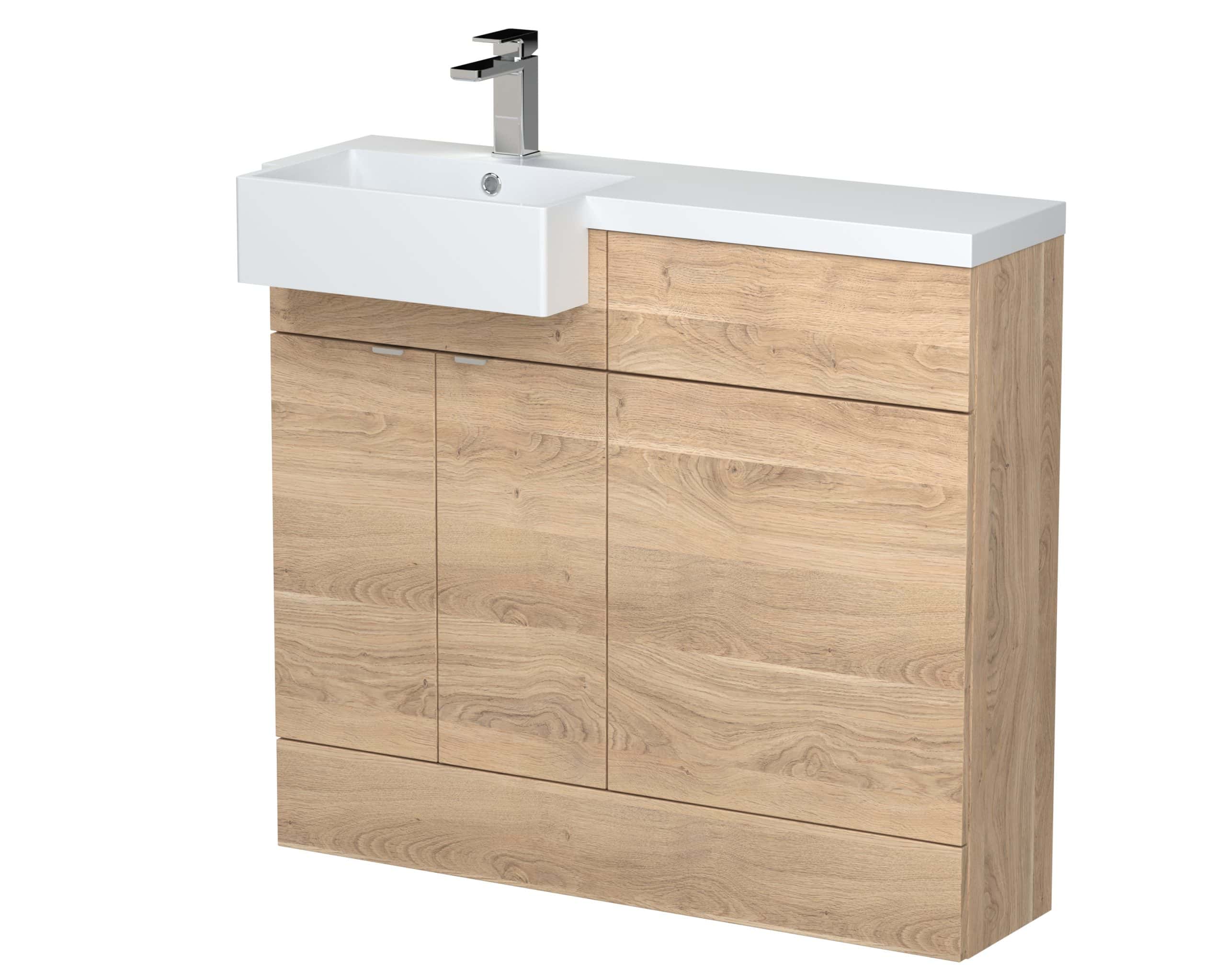 Sleek wooden bathroom vanity with integrated white ceramic sink and modern chrome tap, ideal for contemporary bathrooms. Elegant storage cabinet design perfect for bathroom organisation.