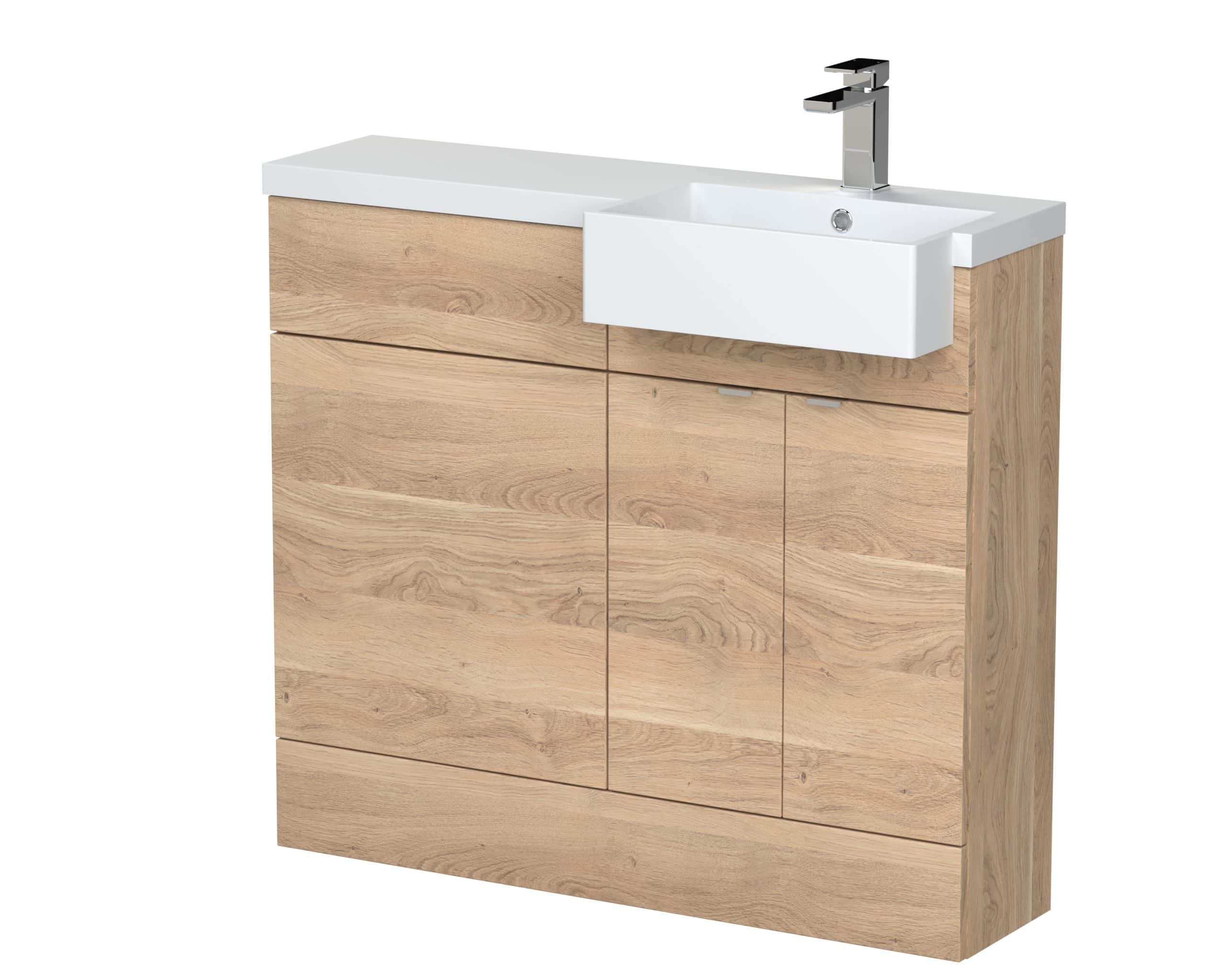 Contemporary wooden bathroom vanity with integrated white ceramic sink and sleek chrome faucet, ideal for modern bathrooms. Compact design with ample storage drawers and cabinet space.