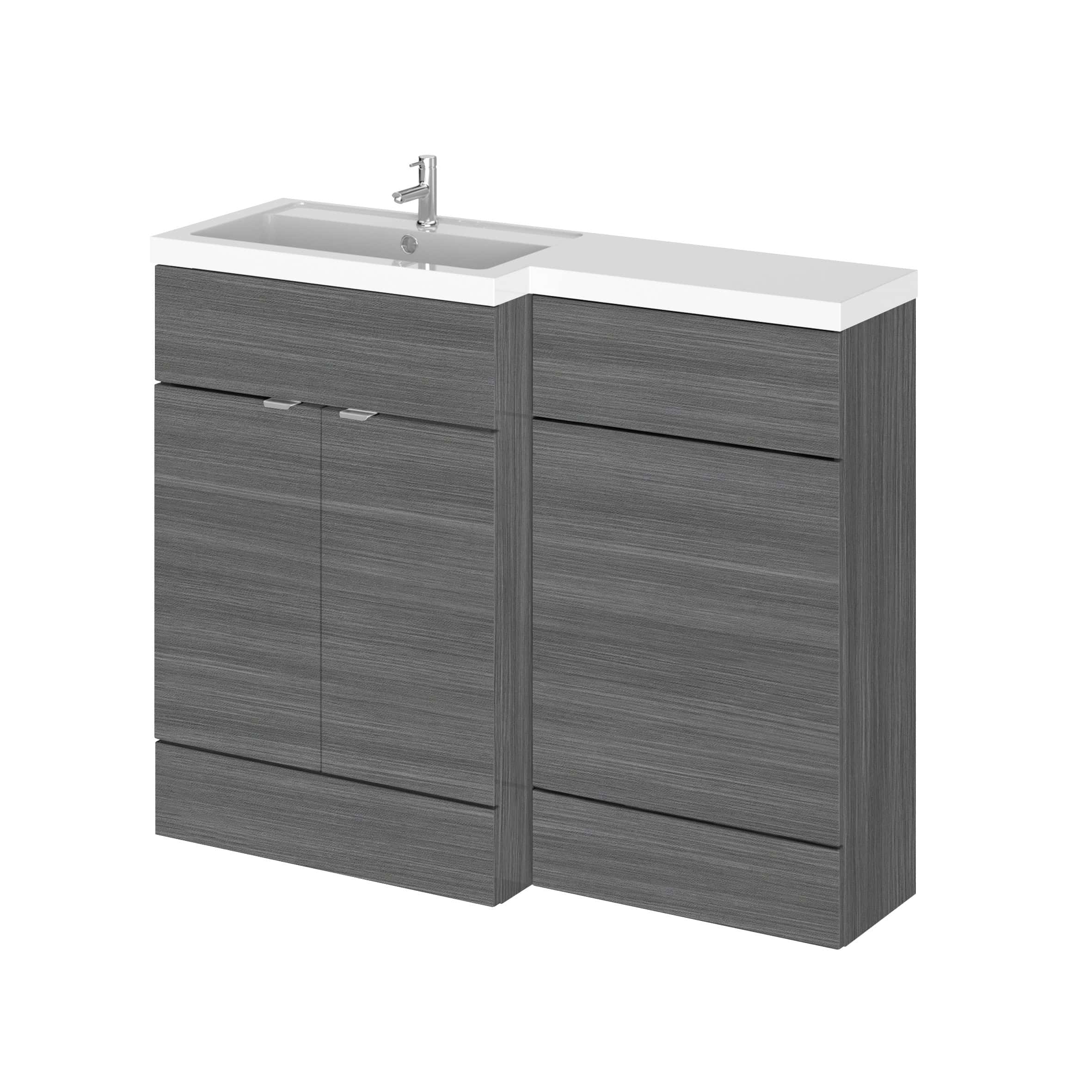 Contemporary grey bathroom vanity with integrated sink and sleek storage cabinets, ideal for modern bathroom remodels and accentuating bathroom aesthetics.