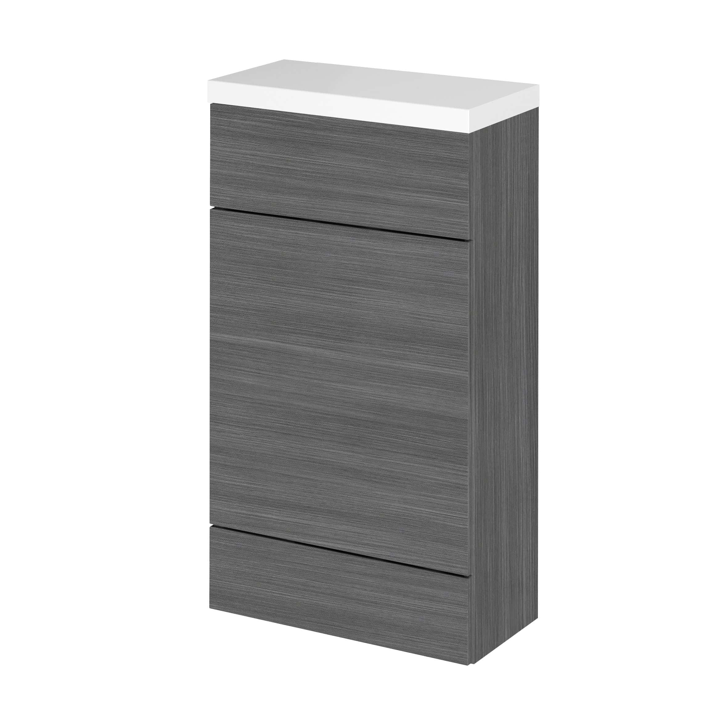 Modern grey bathroom cabinet with sleek design and ample storage space, ideal for contemporary bathroom interiors. Crafted from durable materials, featuring a combination of grey wood finish and white top surface.