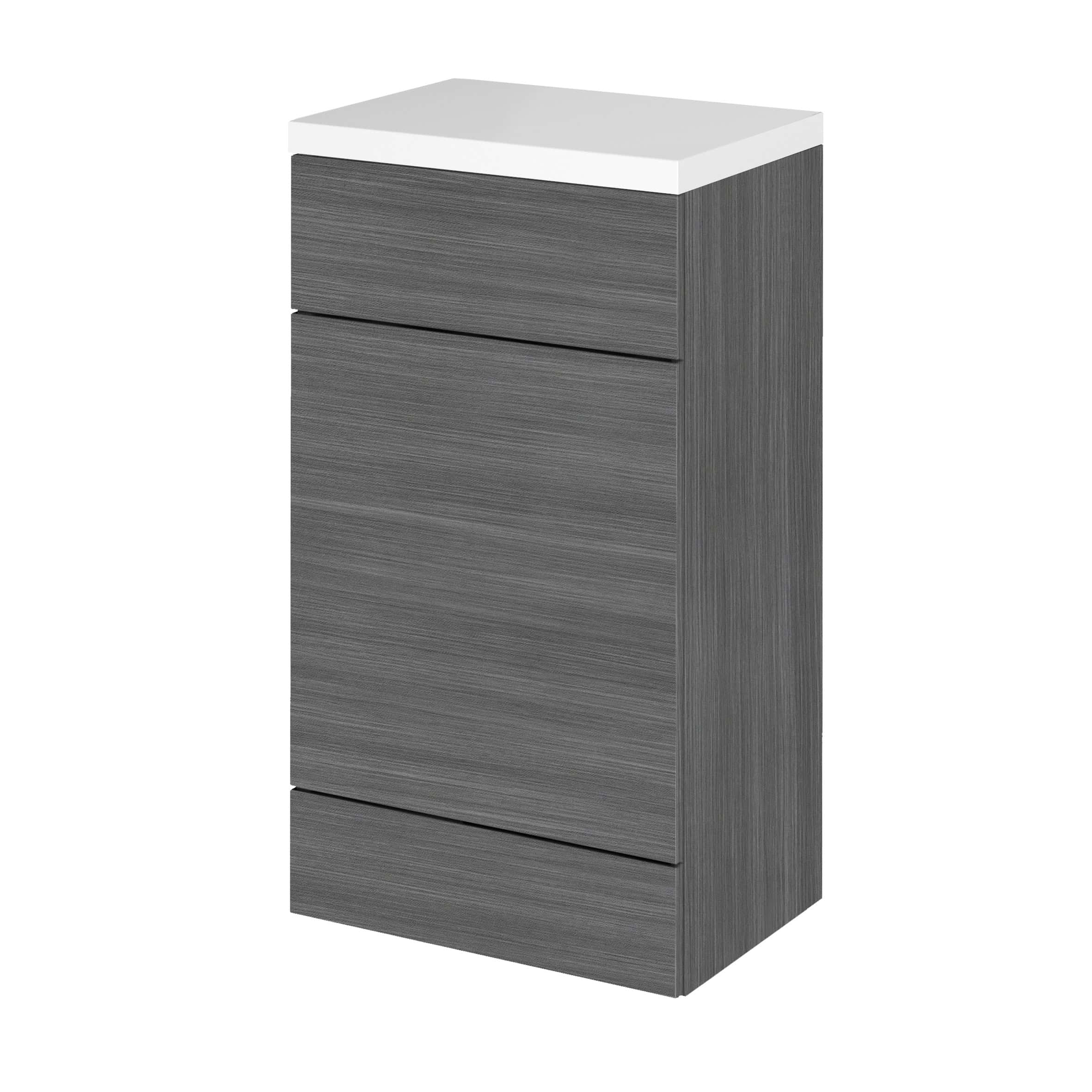 Modern grey bathroom storage cabinet with sleek wood finish, ideal for organising toiletries and essentials in contemporary bathrooms. Durable and stylish, perfect for bathroom renovation.