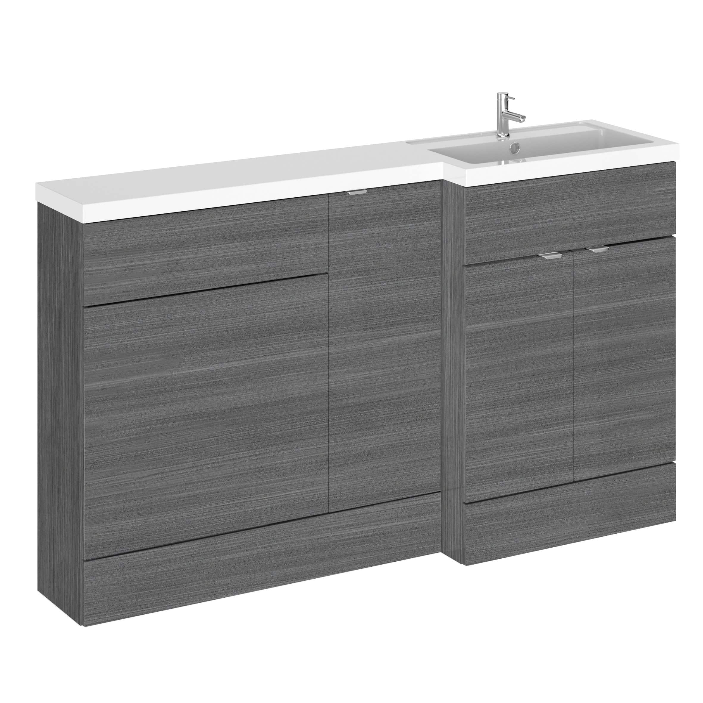 Modern grey bathroom vanity unit with integrated sink and sleek handleless drawers, ideal for contemporary bathroom renovation or storage solutions.