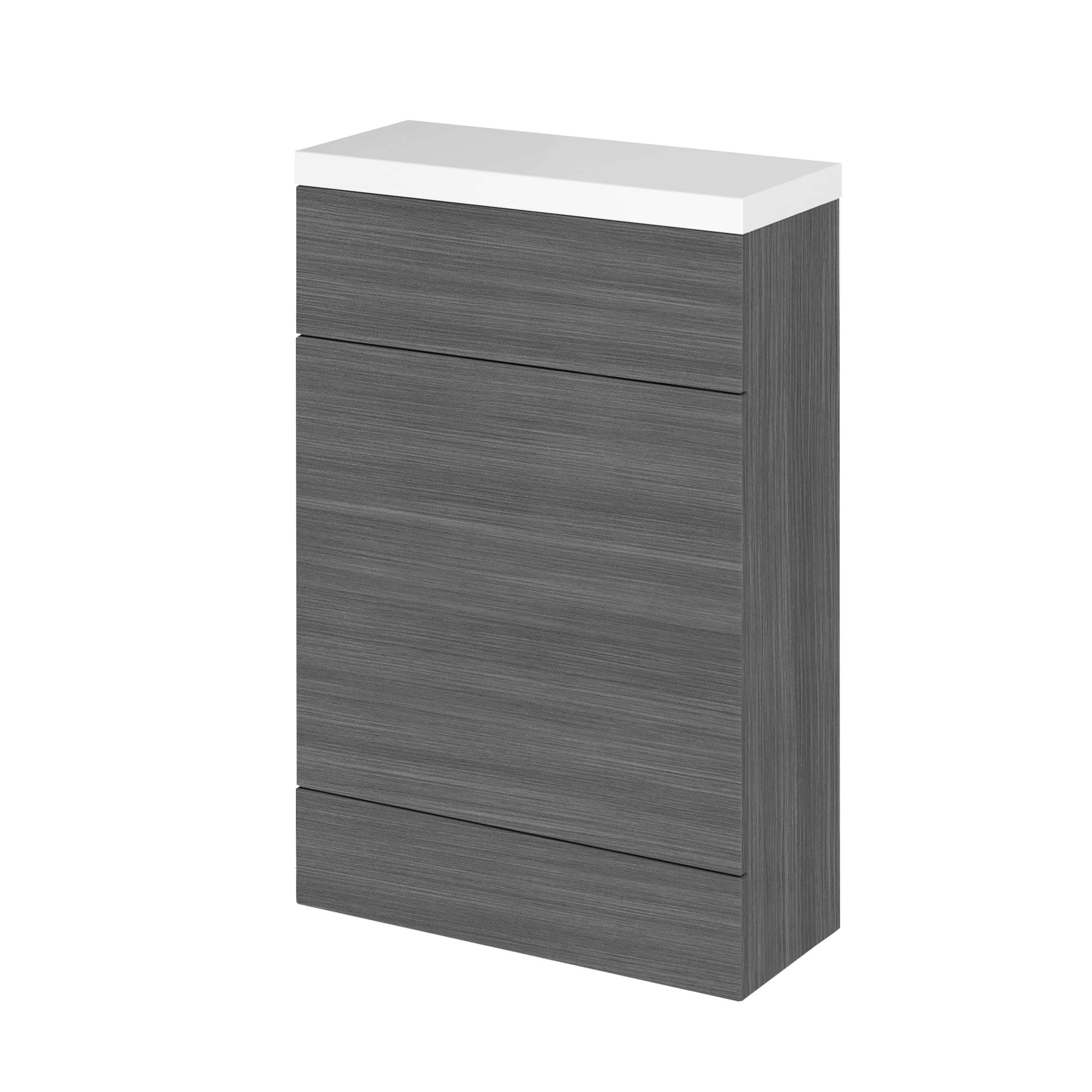 Sleek grey bathroom cabinet with white top, modern and minimalist design, ideal for storage and organisation, perfect for contemporary bathroom interiors.