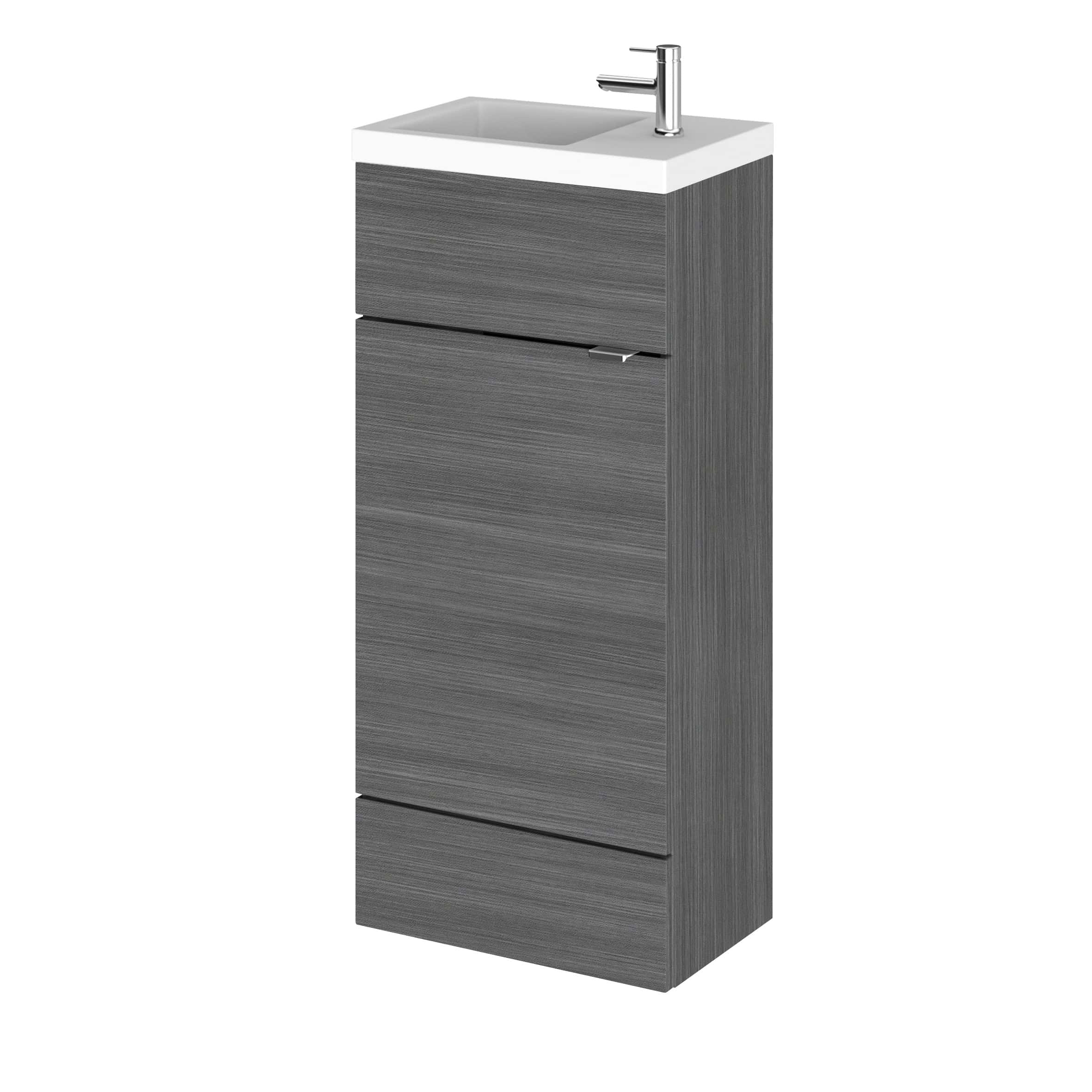 Sleek grey bathroom vanity unit with integrated wash basin and modern chrome mixer tap, perfect for contemporary bathroom designs.