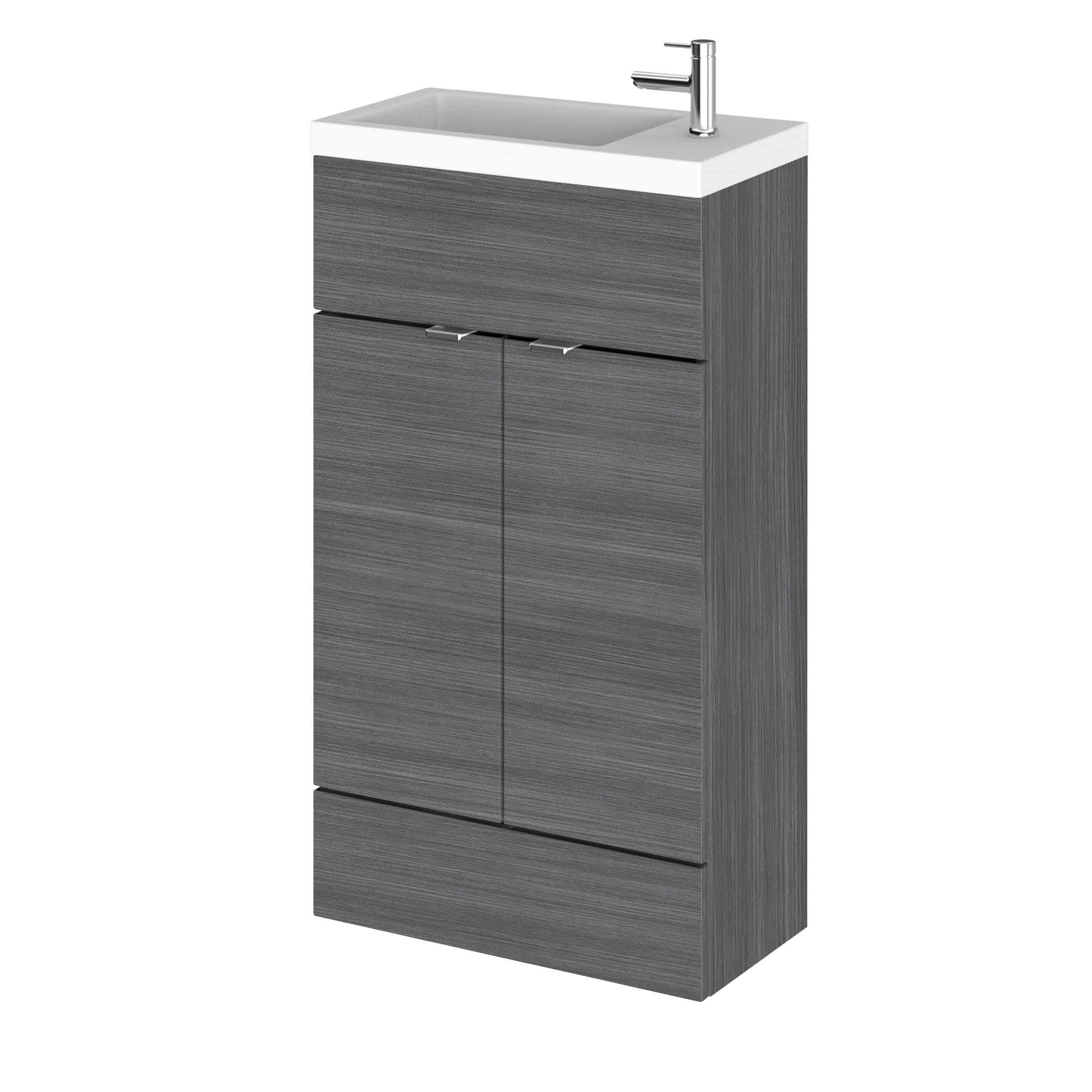 A modern grey bathroom vanity with a integrated sink and chrome faucet, perfect for contemporary bathrooms, offering storage and style.