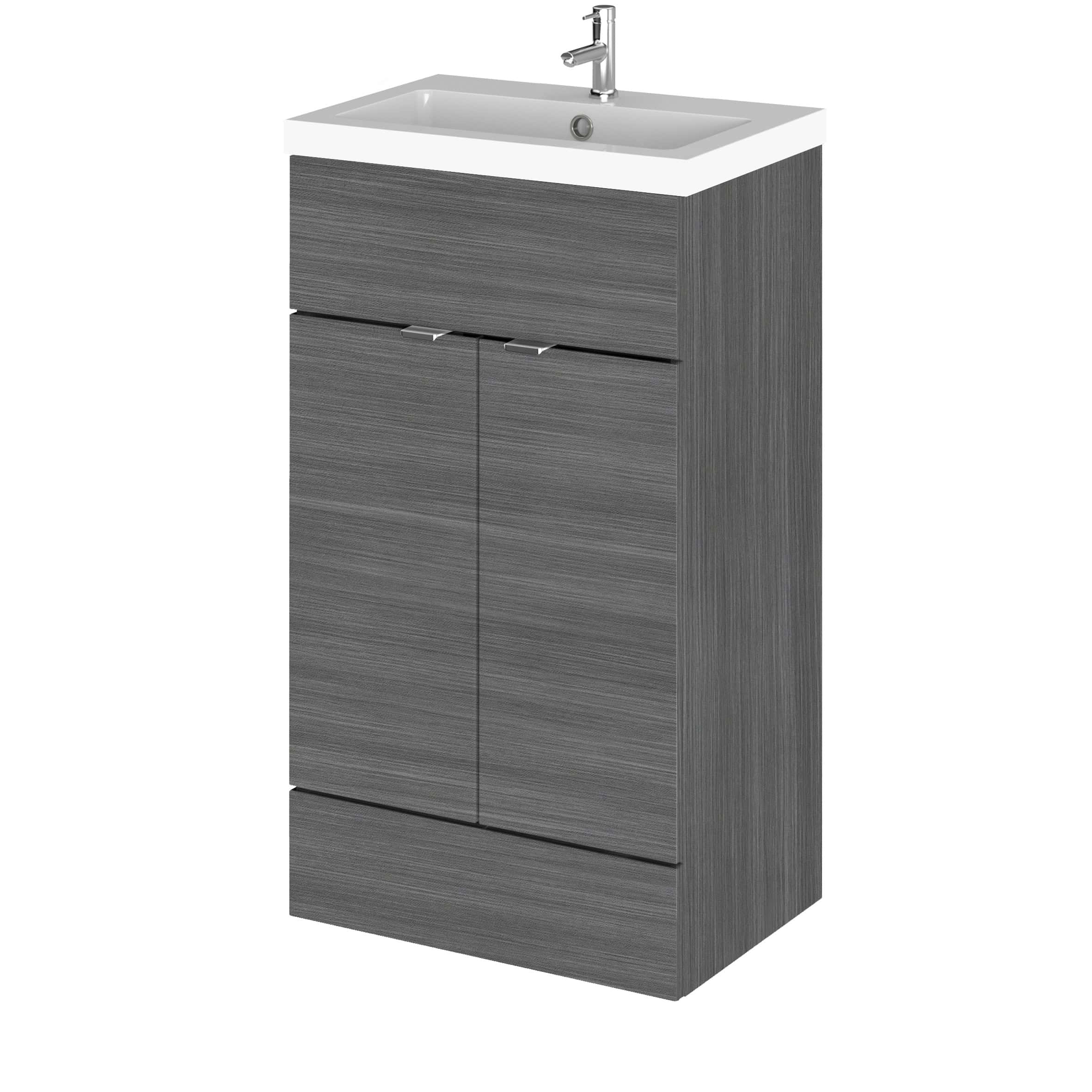 Modern grey bathroom vanity unit with sleek storage drawers and integrated sink, ideal for contemporary bathroom furniture and decor.