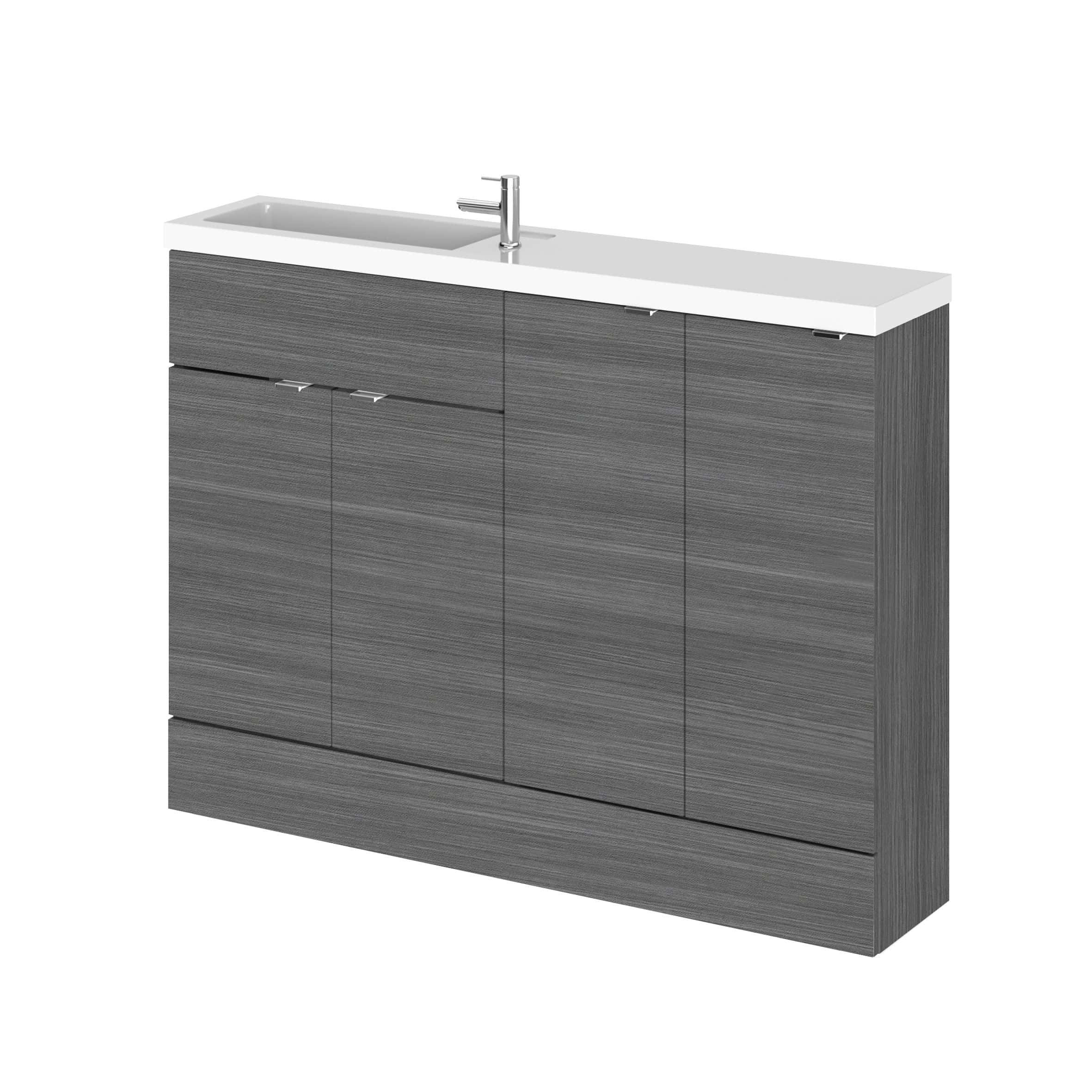 Modern grey bathroom vanity unit with integrated sink and chrome tap, stylish storage solution for contemporary bathrooms.