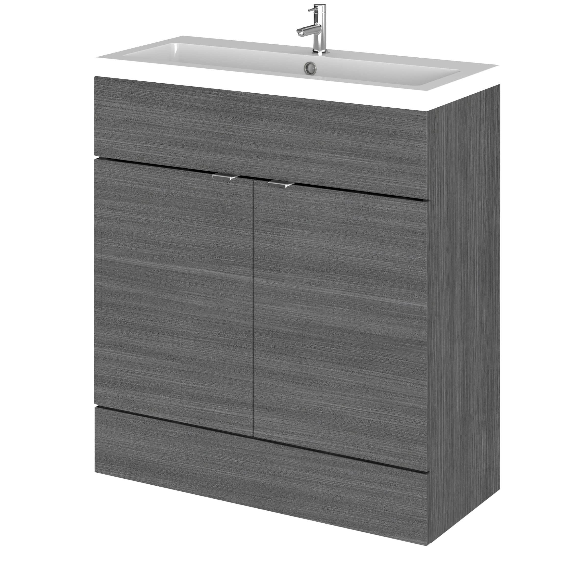 Sleek grey bathroom vanity unit with integrated sink and modern chrome faucet, perfect for contemporary bathroom designs and ample storage space.
