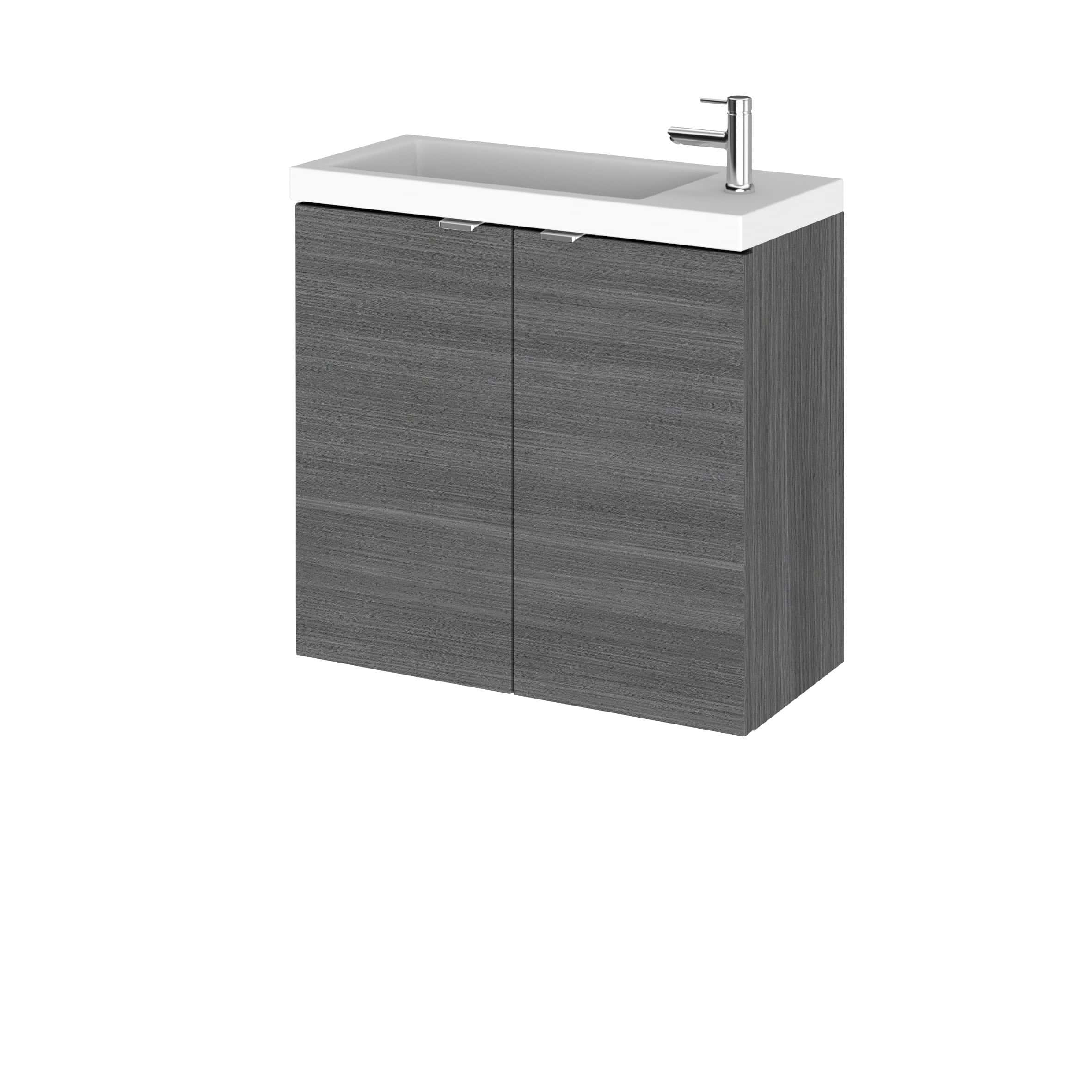 Sleek grey bathroom vanity with integrated sink and modern chrome faucet, perfect for contemporary bathroom interiors. Durable wood finish with storage cabinet for bathroom essentials.